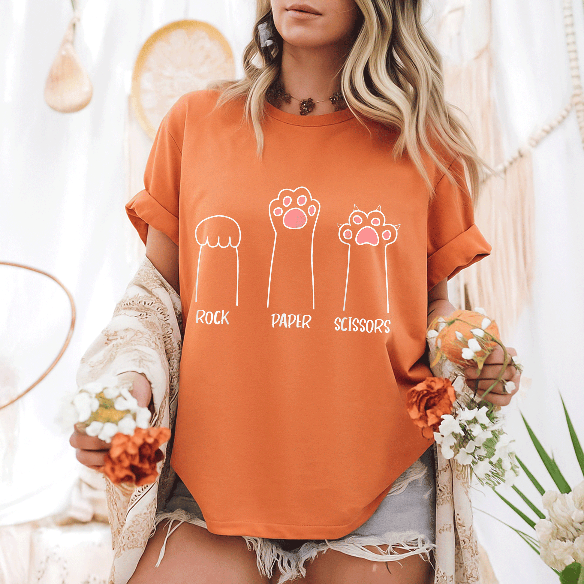 Cute Pink Paw Cat T-Shirt Featuring Rock Paper Scissors Hand Game Design - Fun and Playful Pet Lover Gift - 6