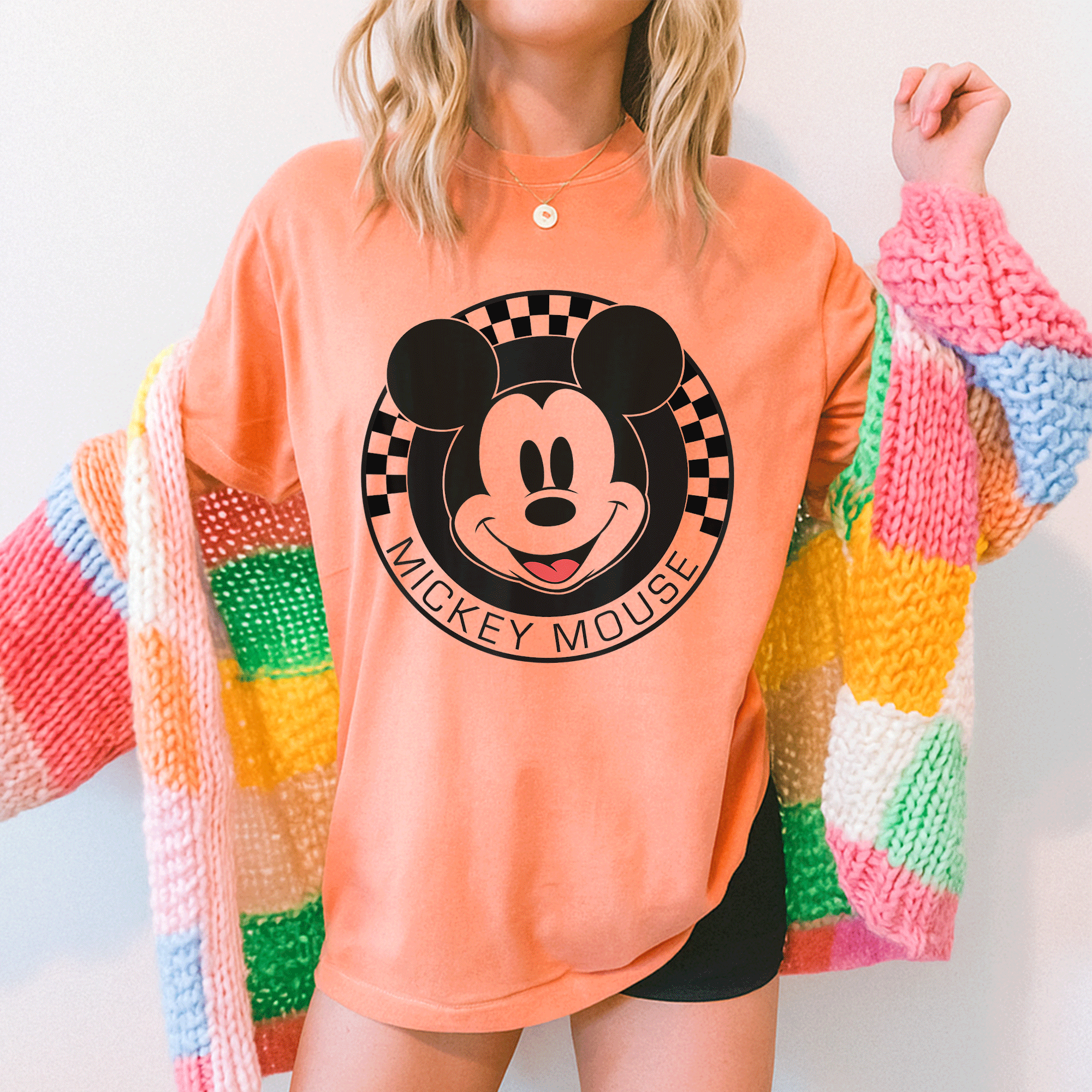 Disney Mickey Mouse Checkerboard Circle T-Shirt for Kids and Adults – Fun and Colorful Mickey and Friends Design - 5