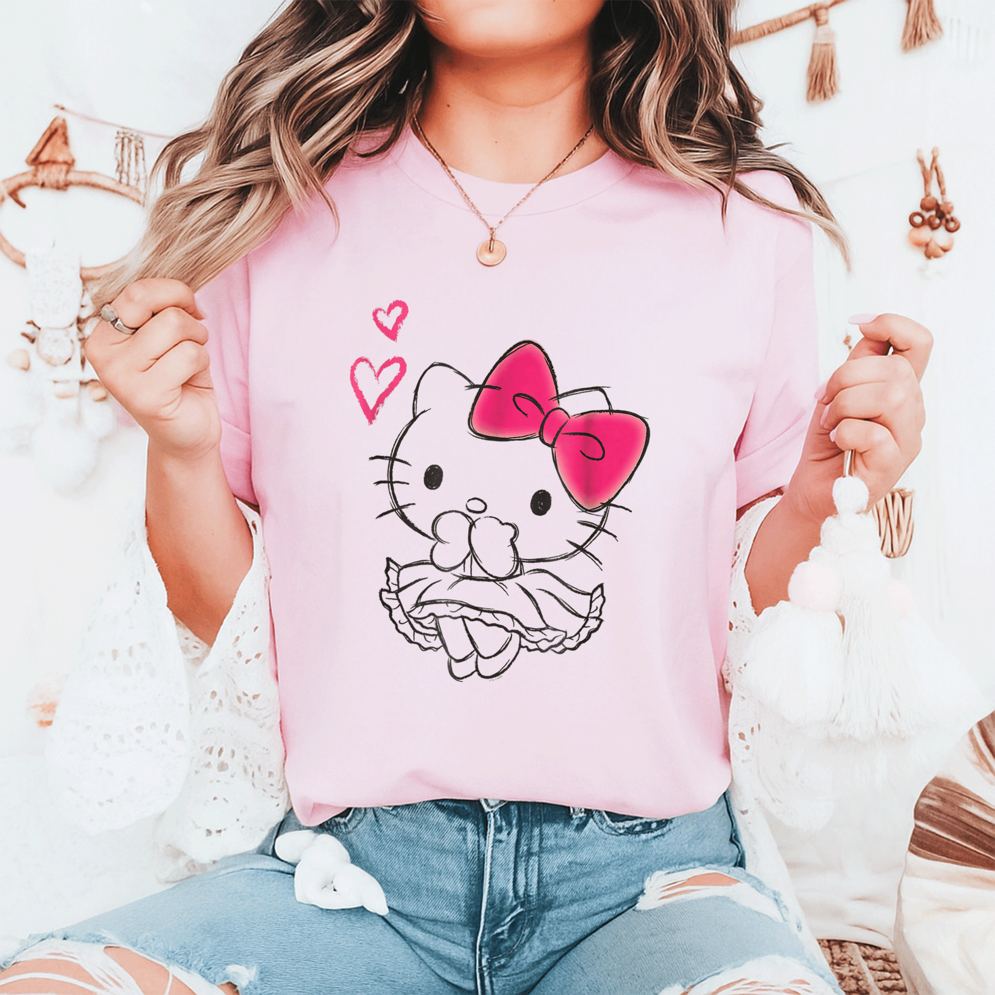 Cute Hello Kitty Girly Hearts Tee Shirt for Kids, Adorable Pink Graphic Design, Perfect Gift for Cat Lovers and Fashionistas - 6