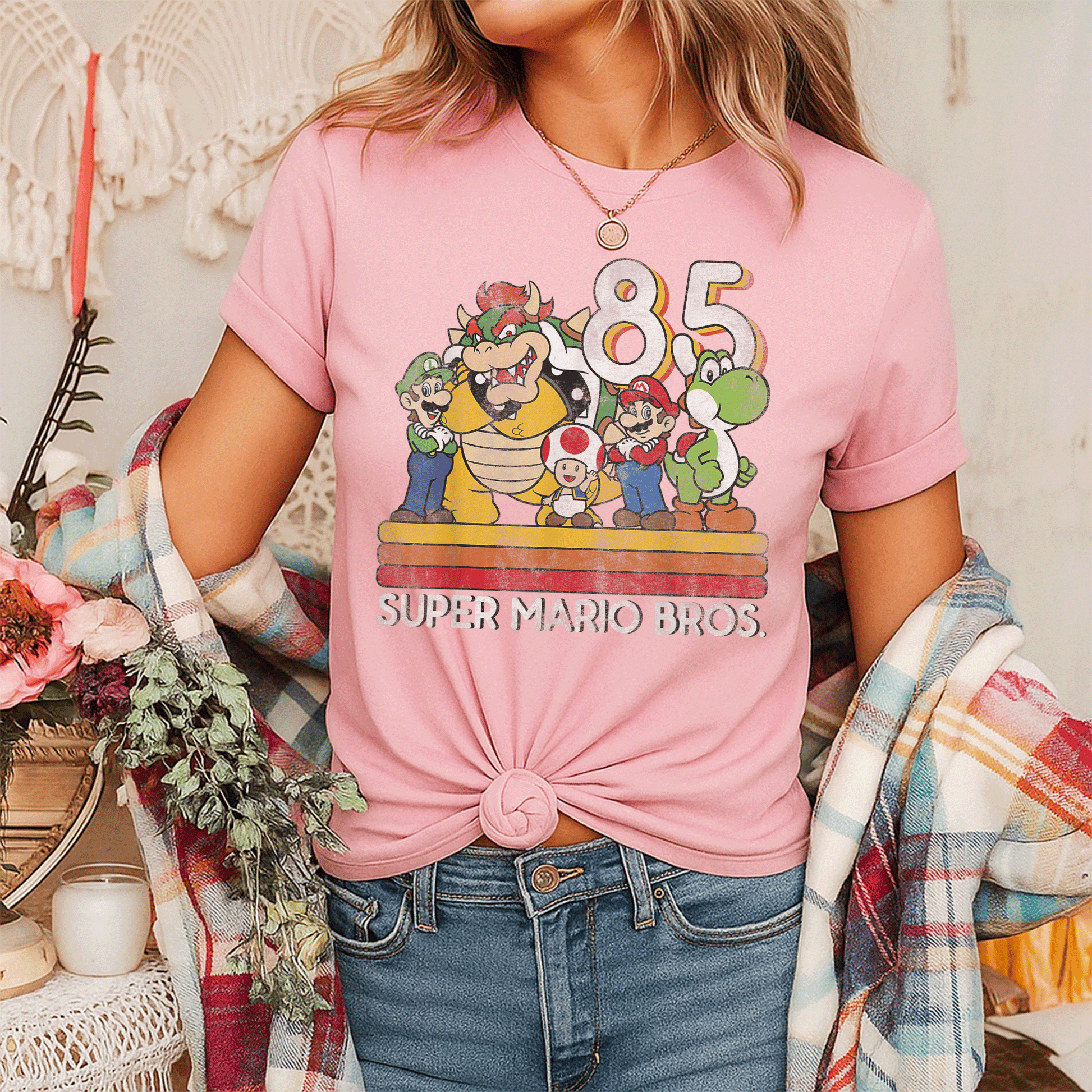 Nintendo Super Mario Retro Character Graphic T-Shirt Unleash Nostalgia with Iconic Mario and Friends Retro Design - 7