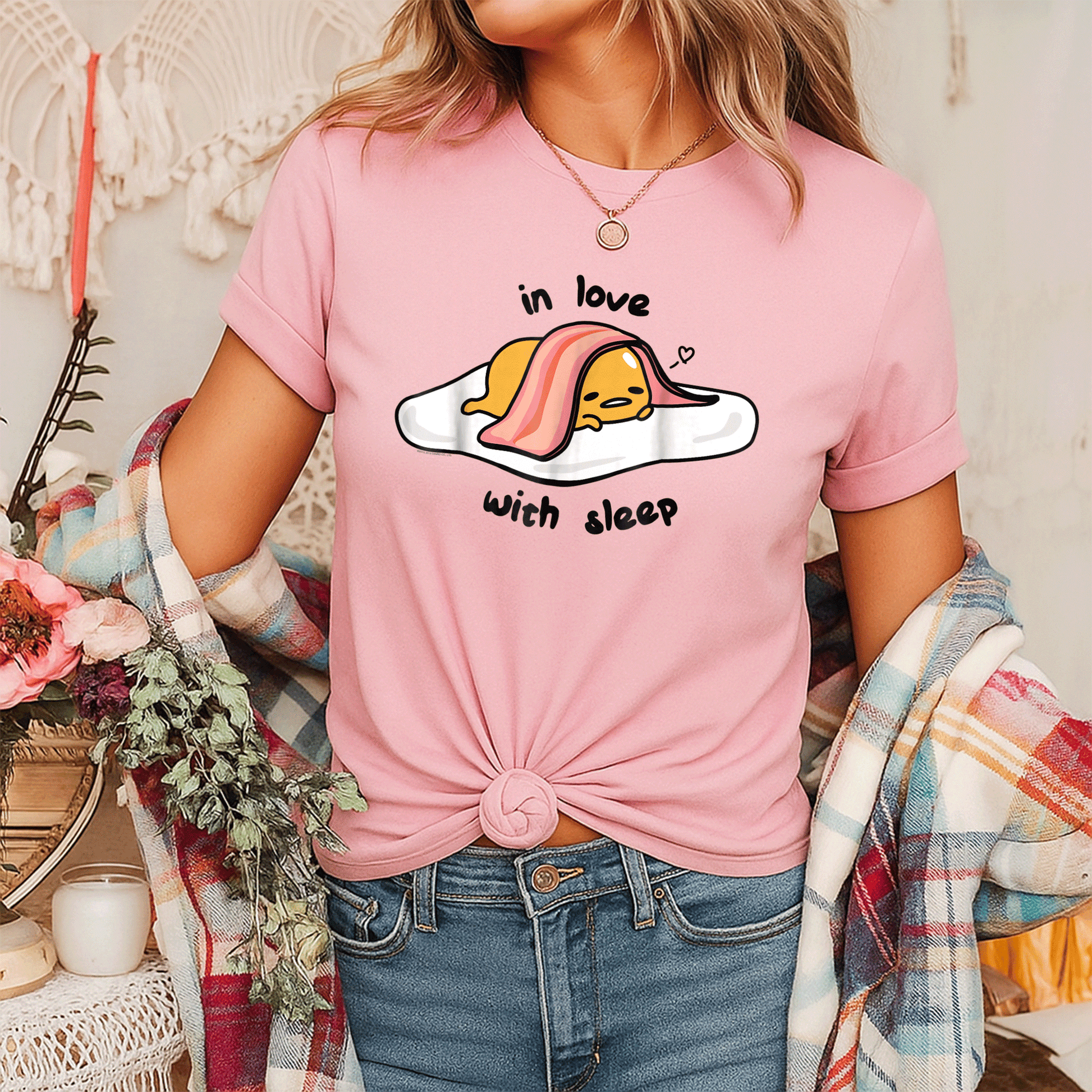 Cute Gudetama In Love with Sleep Tee Shirt - Adorable Lazy Egg Graphic Tee for Fans of Kawaii and Cozy Style - 7
