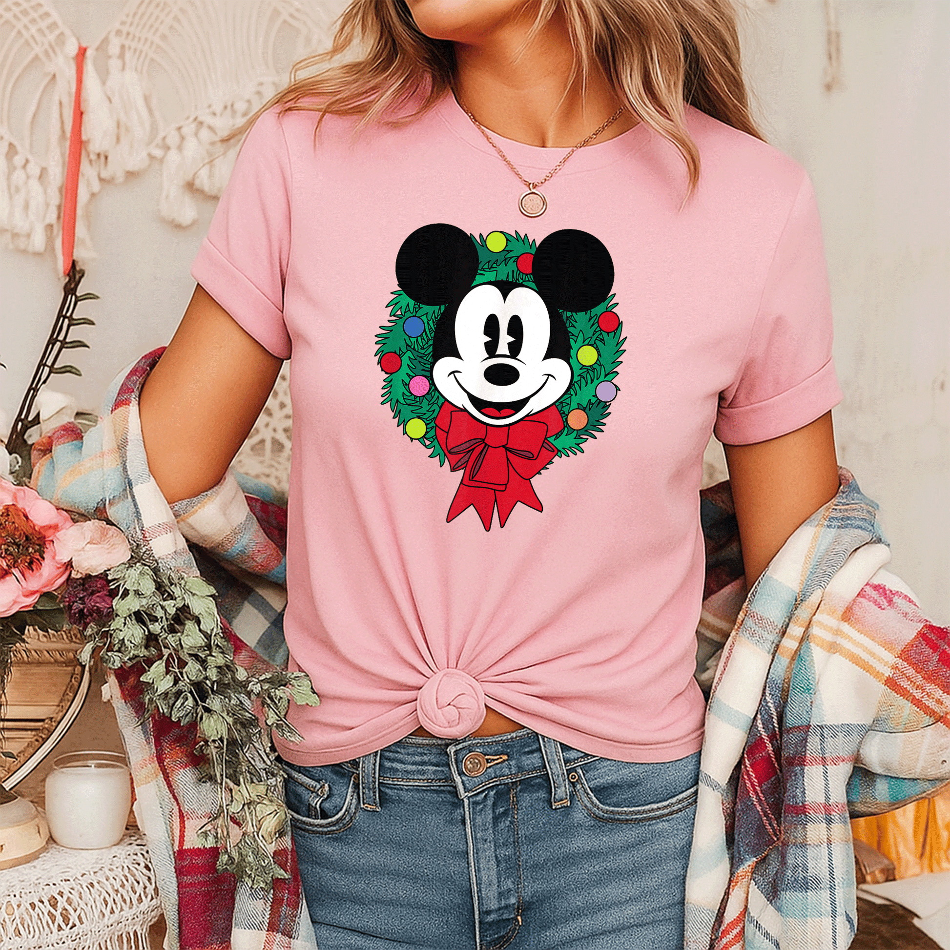 Cozy Up with Amazon Essentials Mickey Mouse Festive Holiday Christmas Wreath T-Shirt Perfect for Celebrating the Season - 7