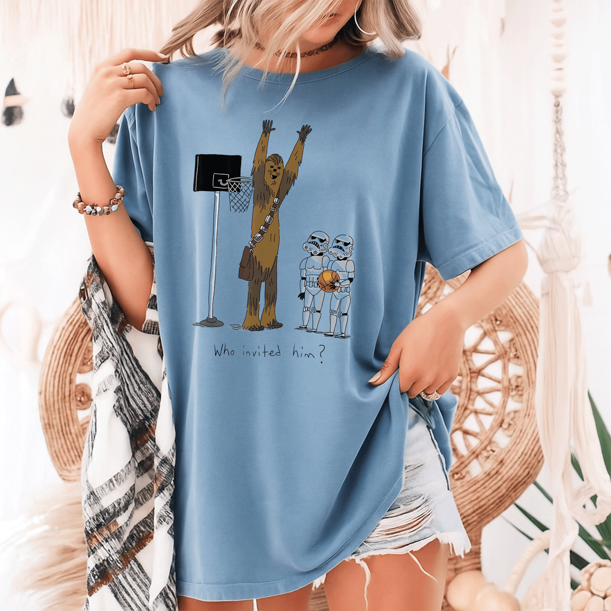 Star Wars Chewbacca Basketball Who Invited Him T-Shirt Fun Graphic Tee for Fans of Chewy and Sports Enthusiasts - 9