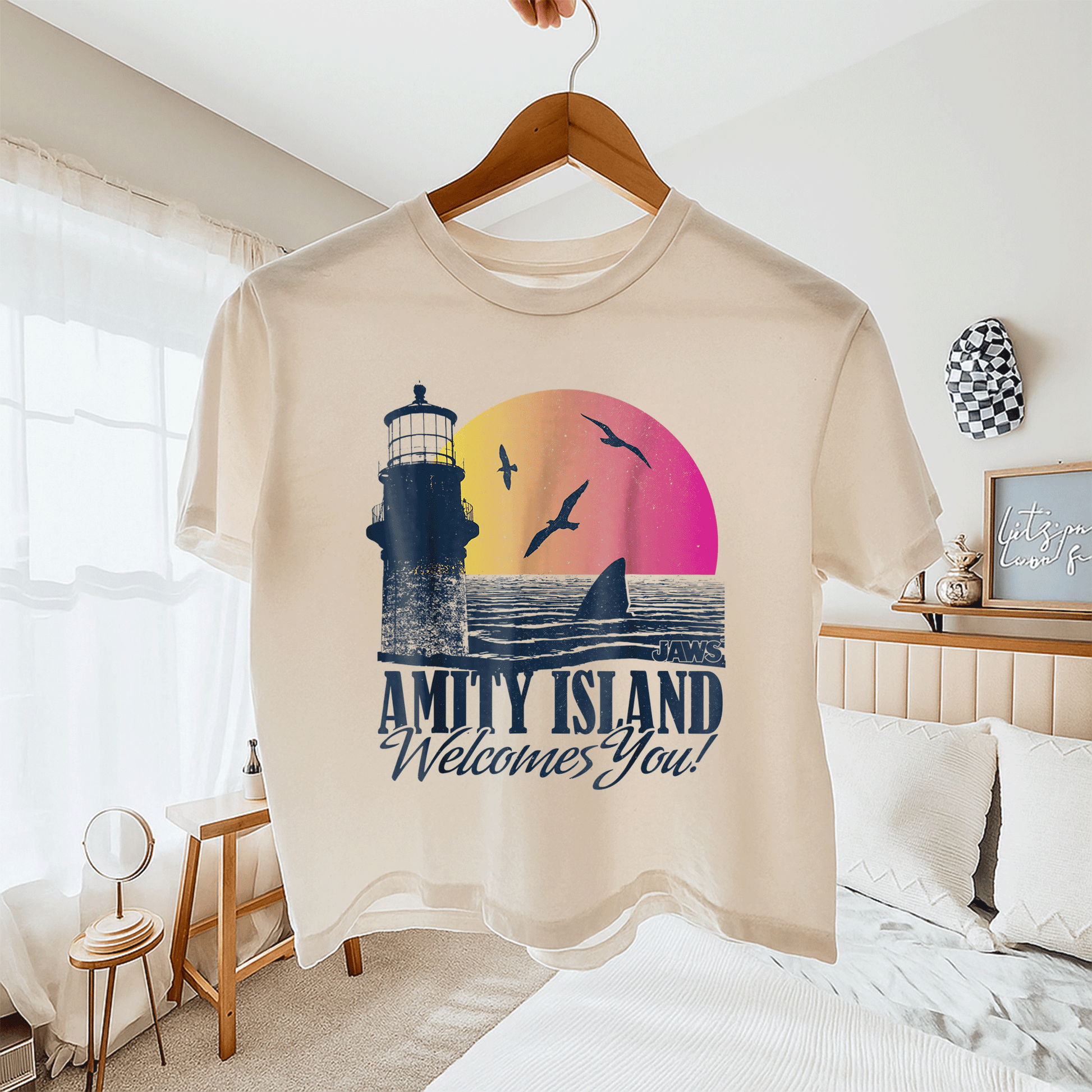 Jaws Sunset Amity Island Graphic T-Shirt Embrace the Beach Vibes in Style Perfect for Horror and Movie Fans - 11
