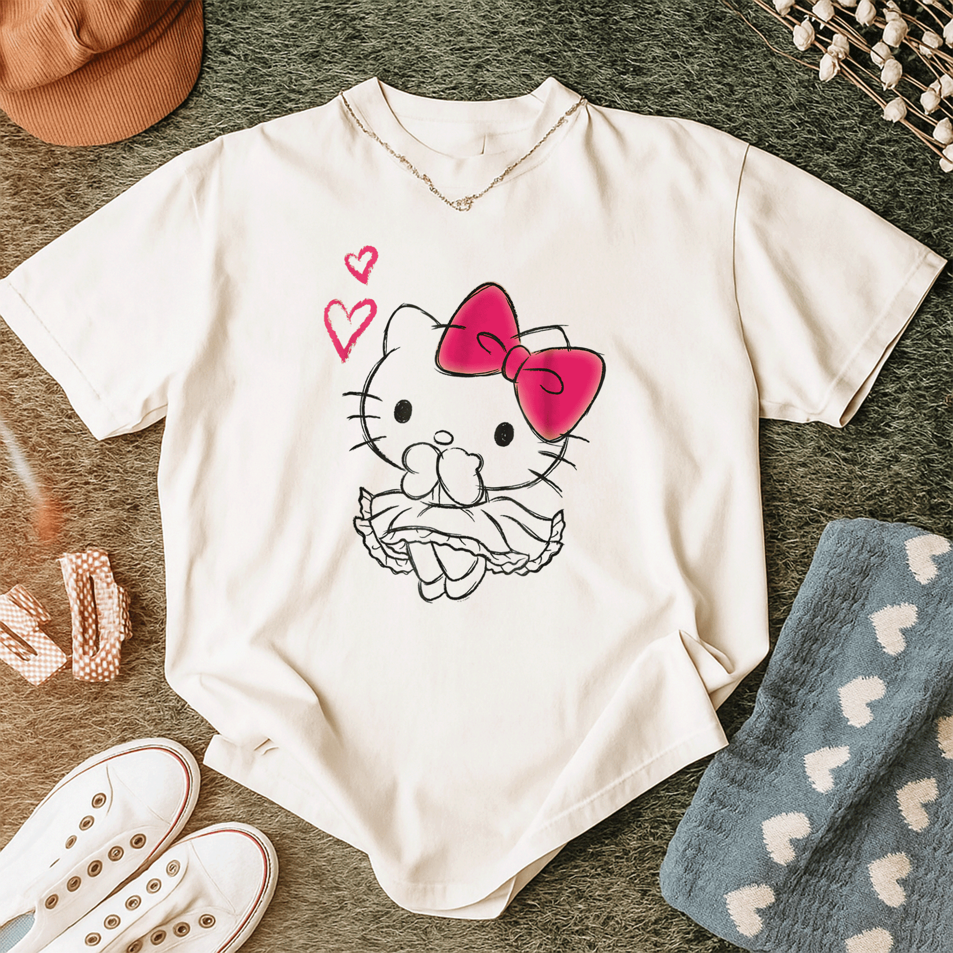 Cute Hello Kitty Girly Hearts Tee Shirt for Kids, Adorable Pink Graphic Design, Perfect Gift for Cat Lovers and Fashionistas - 12