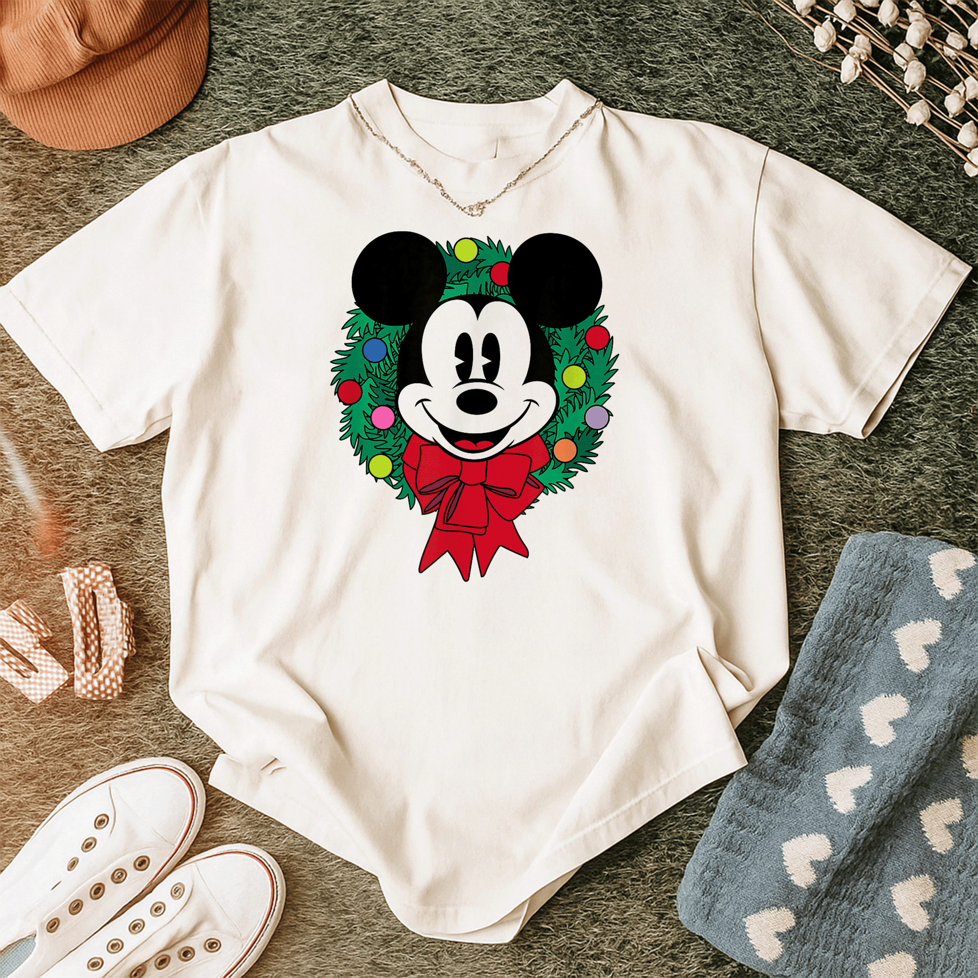 Cozy Up with Amazon Essentials Mickey Mouse Festive Holiday Christmas Wreath T-Shirt Perfect for Celebrating the Season - 12