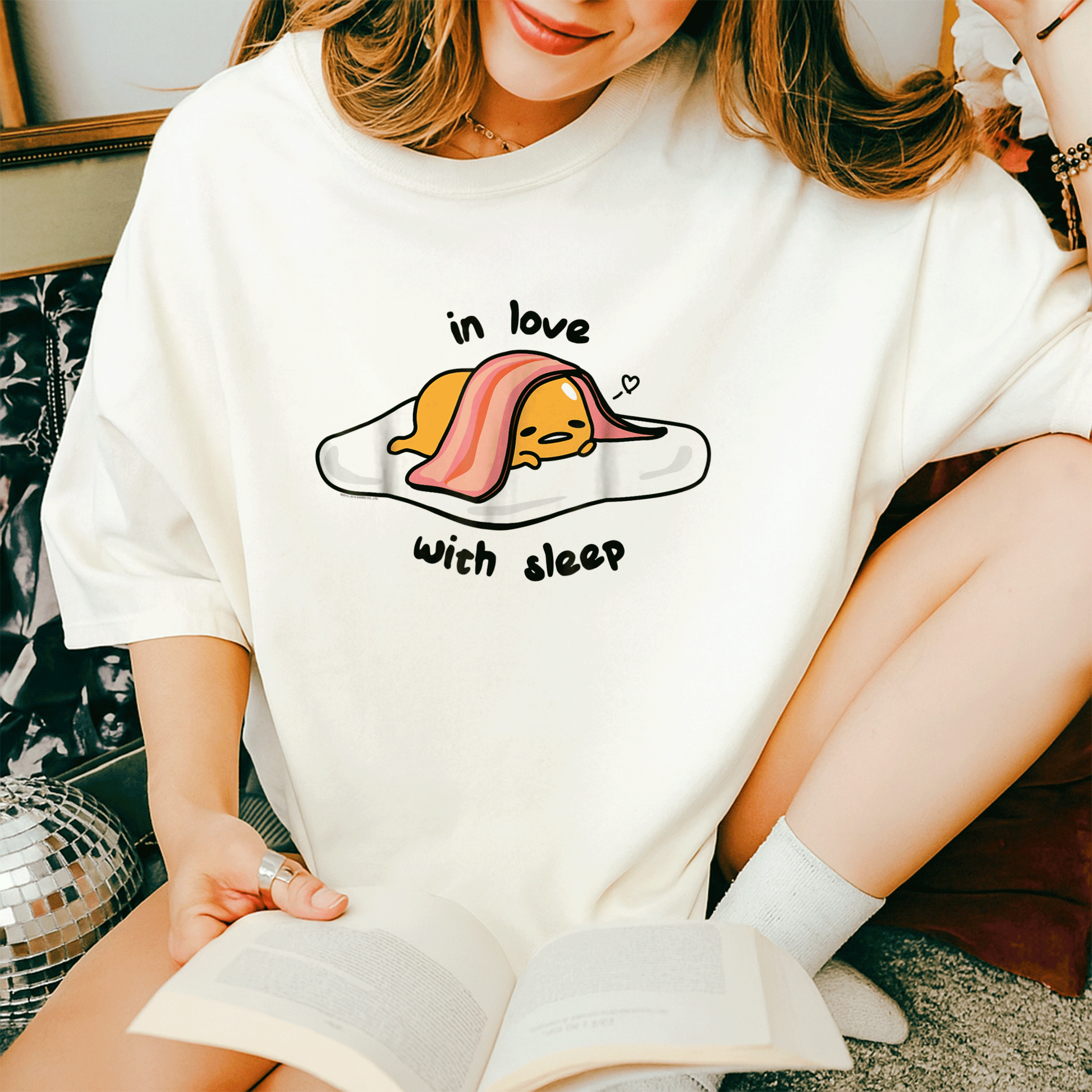 Cute Gudetama In Love with Sleep Tee Shirt - Adorable Lazy Egg Graphic Tee for Fans of Kawaii and Cozy Style - 14