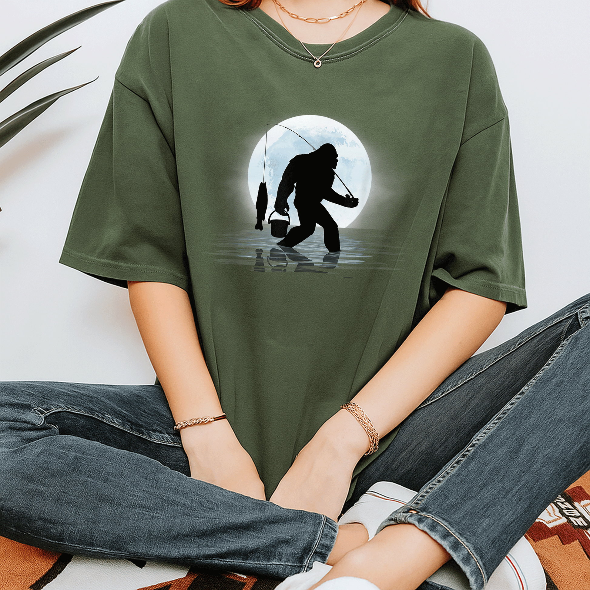 Funny Bigfoot Fishing Shirt for Night Fishing Lovers, Featuring Sasquatch and Fish - Great Gift for Anglers and Nature Fans! - 7
