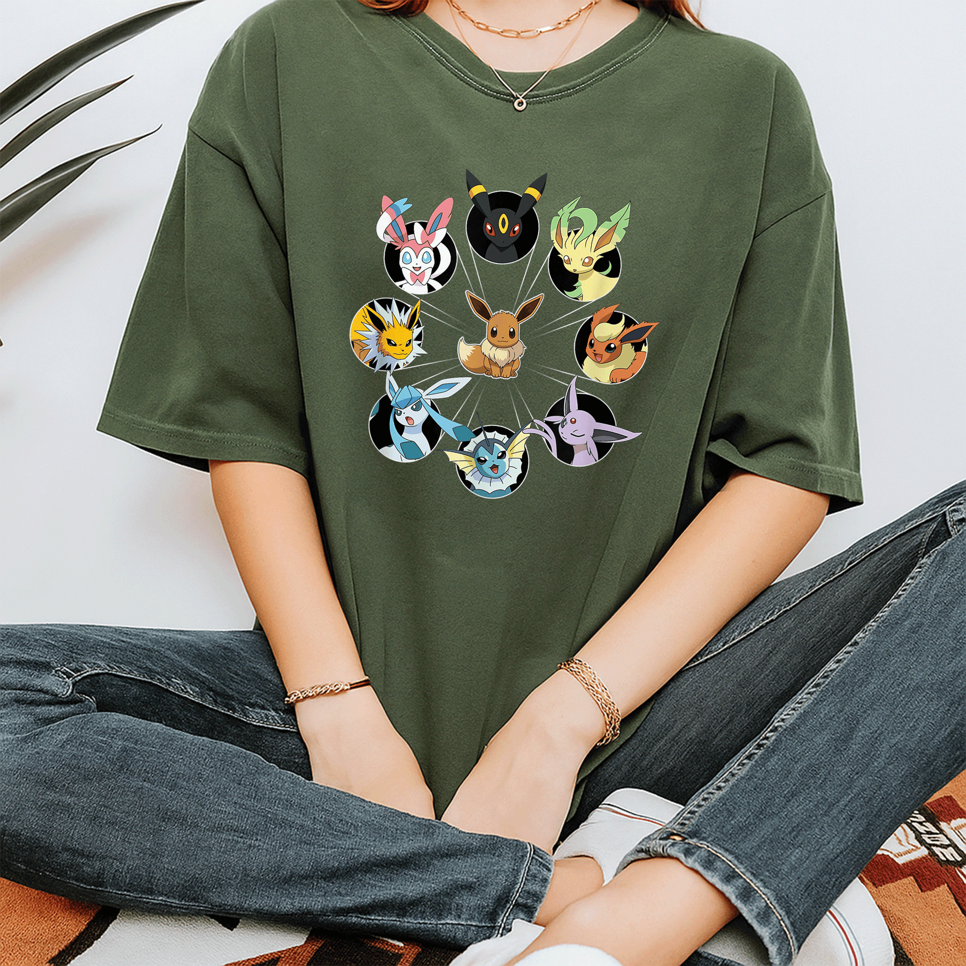 Eevee Evolution Circle T-Shirt for Pokémon Fans, Cute and Colorful Graphic Tee Featuring Eevee and Its Evolutions - 7
