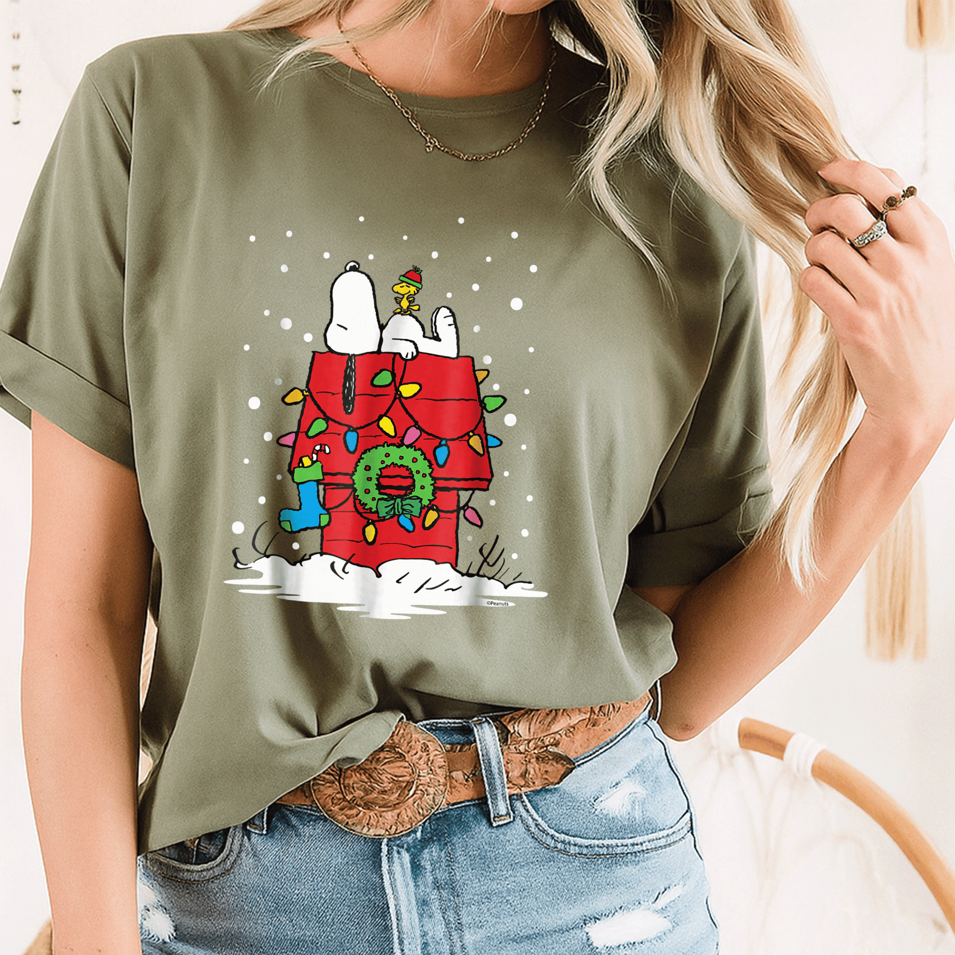 Light Up Peanuts Snoopy and Woodstock Stocking T-shirt – Perfect Holiday Tee for Fun and Festive Celebrations - 8