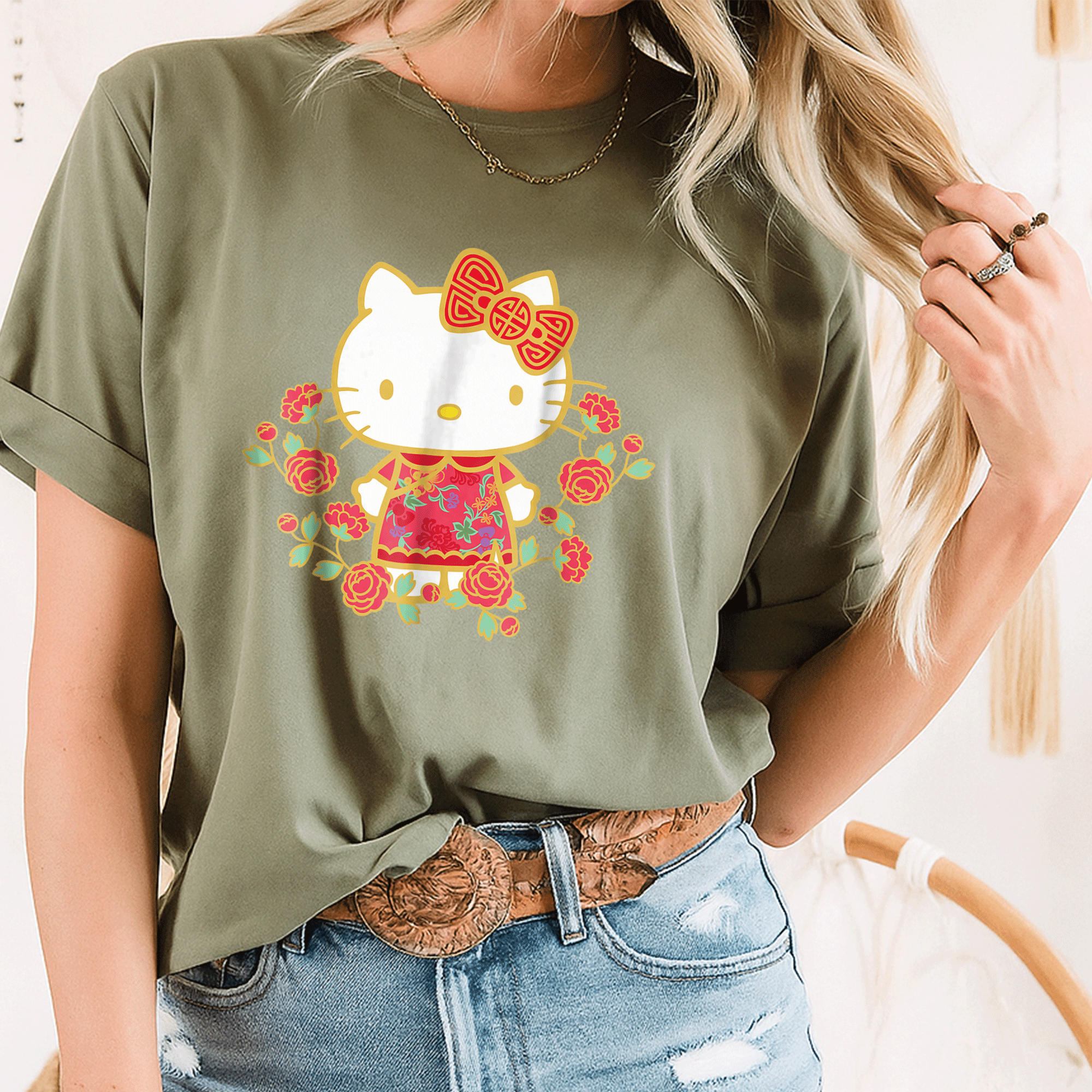 Adorable Hello Kitty Happy Lunar New Year Tee Shirt for Kids and Adults -Festive Design with Cute Colors and Animal Friends - 8