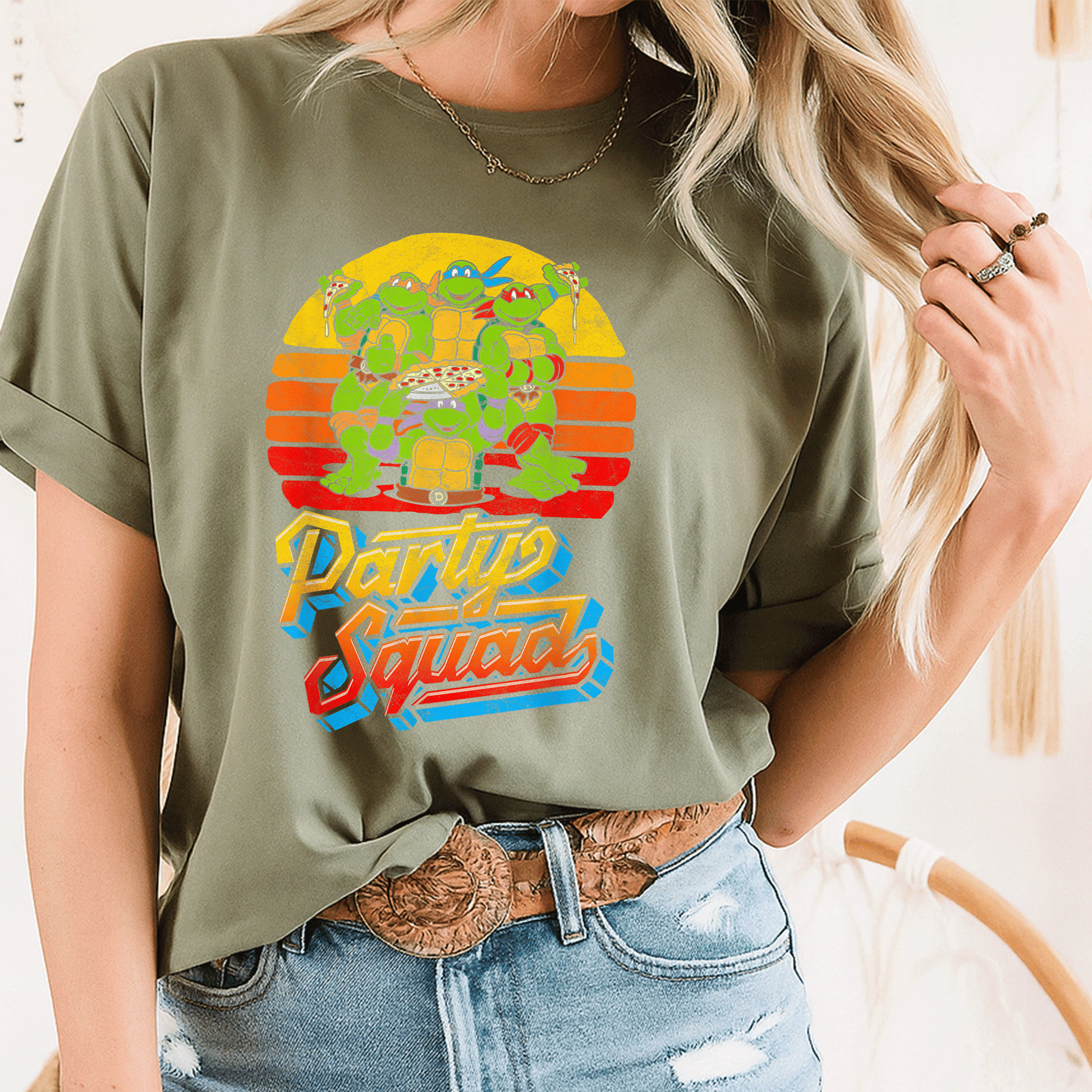 Mademark x Teenage Mutant Ninja Turtles Vintage 80s Pizza Friends Distressed T-Shirt for Fun Retro Party Vibes - 8