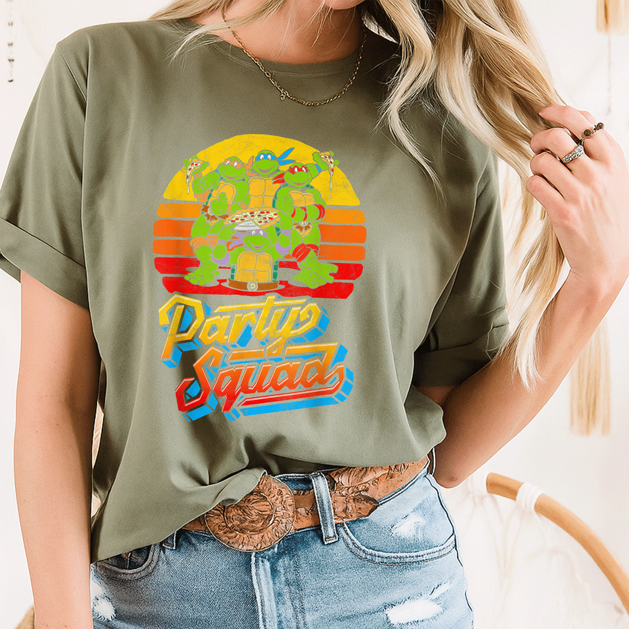 Mademark x Teenage Mutant Ninja Turtles Vintage 80s Pizza Friends Distressed T-Shirt for Fun Retro Party Vibes - 8