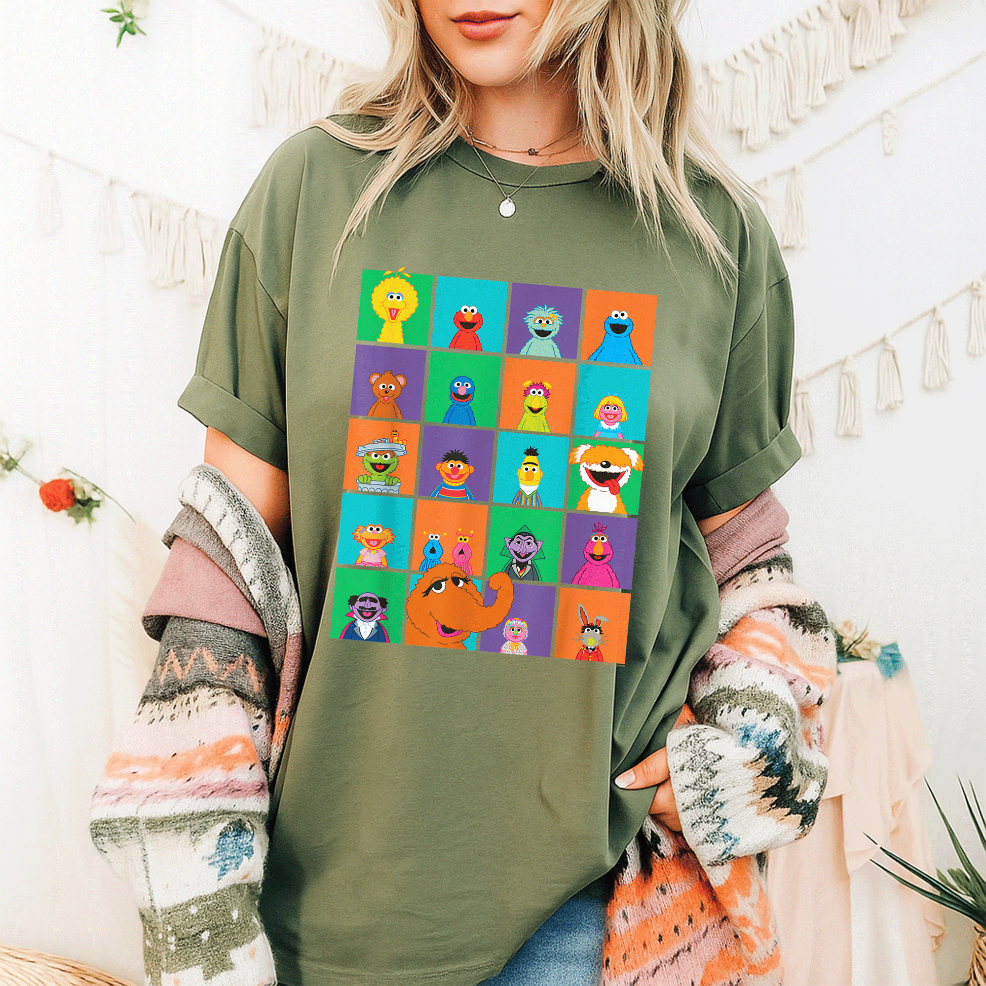 Adorable Sesame Street Character Squares T-Shirt Featuring Beloved Friends in Fun Colors Perfect for Kids and Fans of All Ages - 9