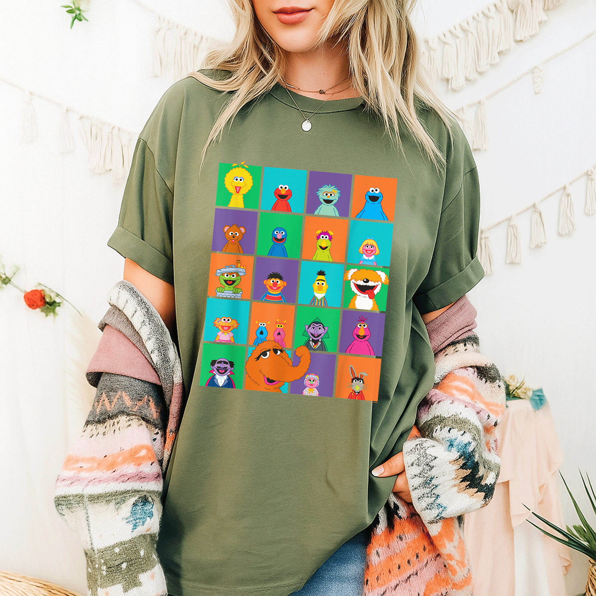 Adorable Sesame Street Character Squares T-Shirt Featuring Beloved Friends in Fun Colors Perfect for Kids and Fans of All Ages - 9