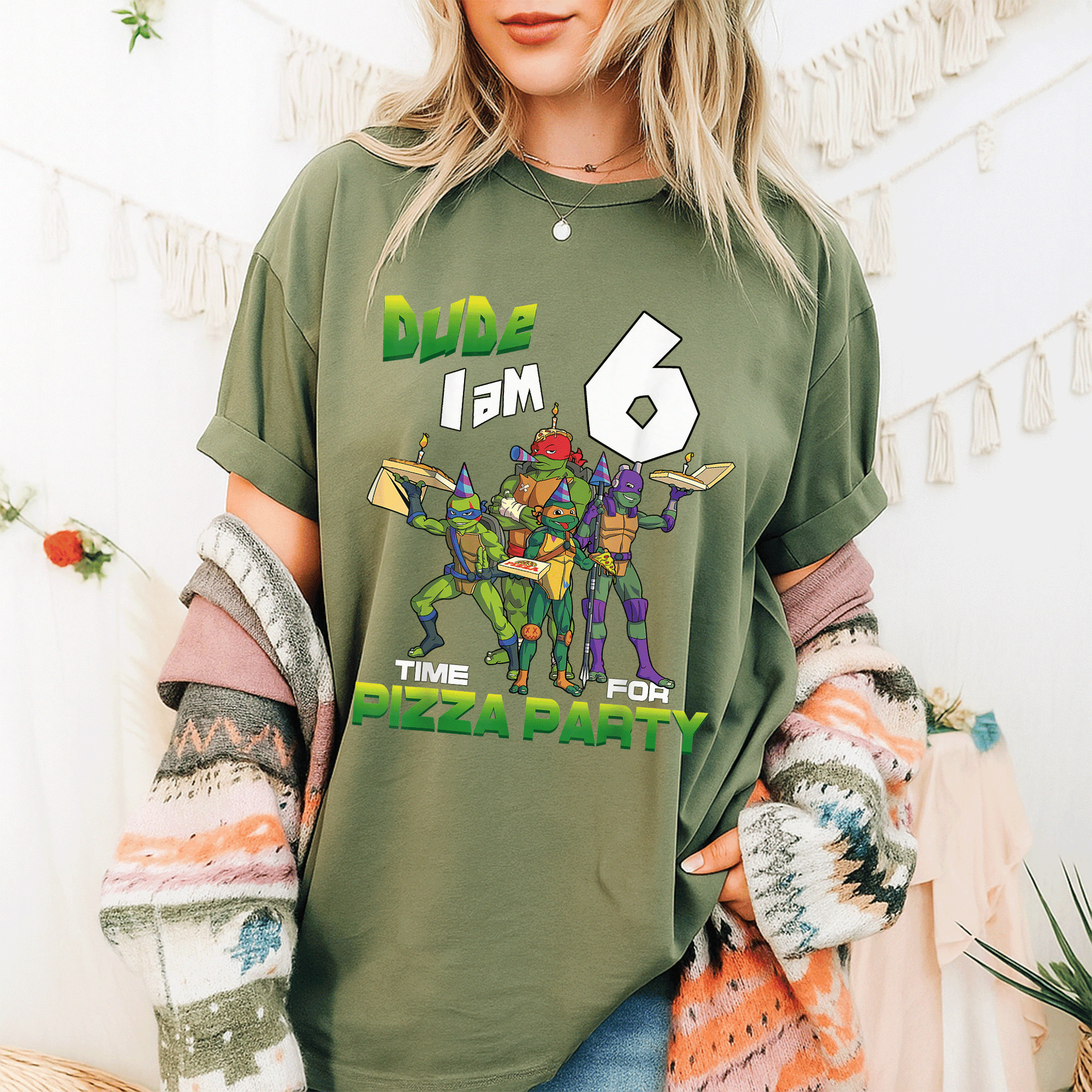Cool Teenage Mutant Ninja Turtles Birthday T-Shirt for Boys - Dude I am 6 Years Old Pizza Party Style Fun Tee - 9