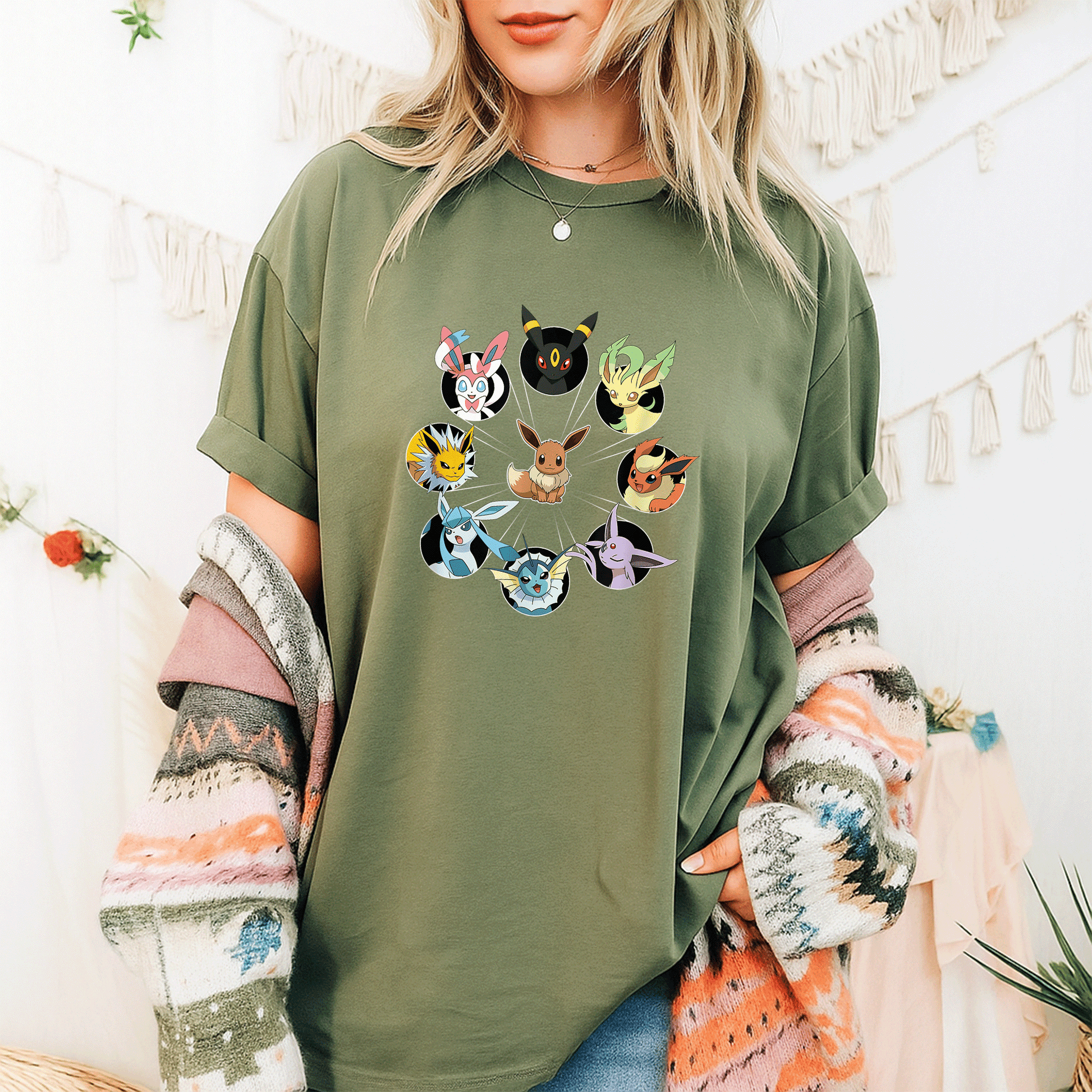 Eevee Evolution Circle T-Shirt for Pokémon Fans, Cute and Colorful Graphic Tee Featuring Eevee and Its Evolutions - 9