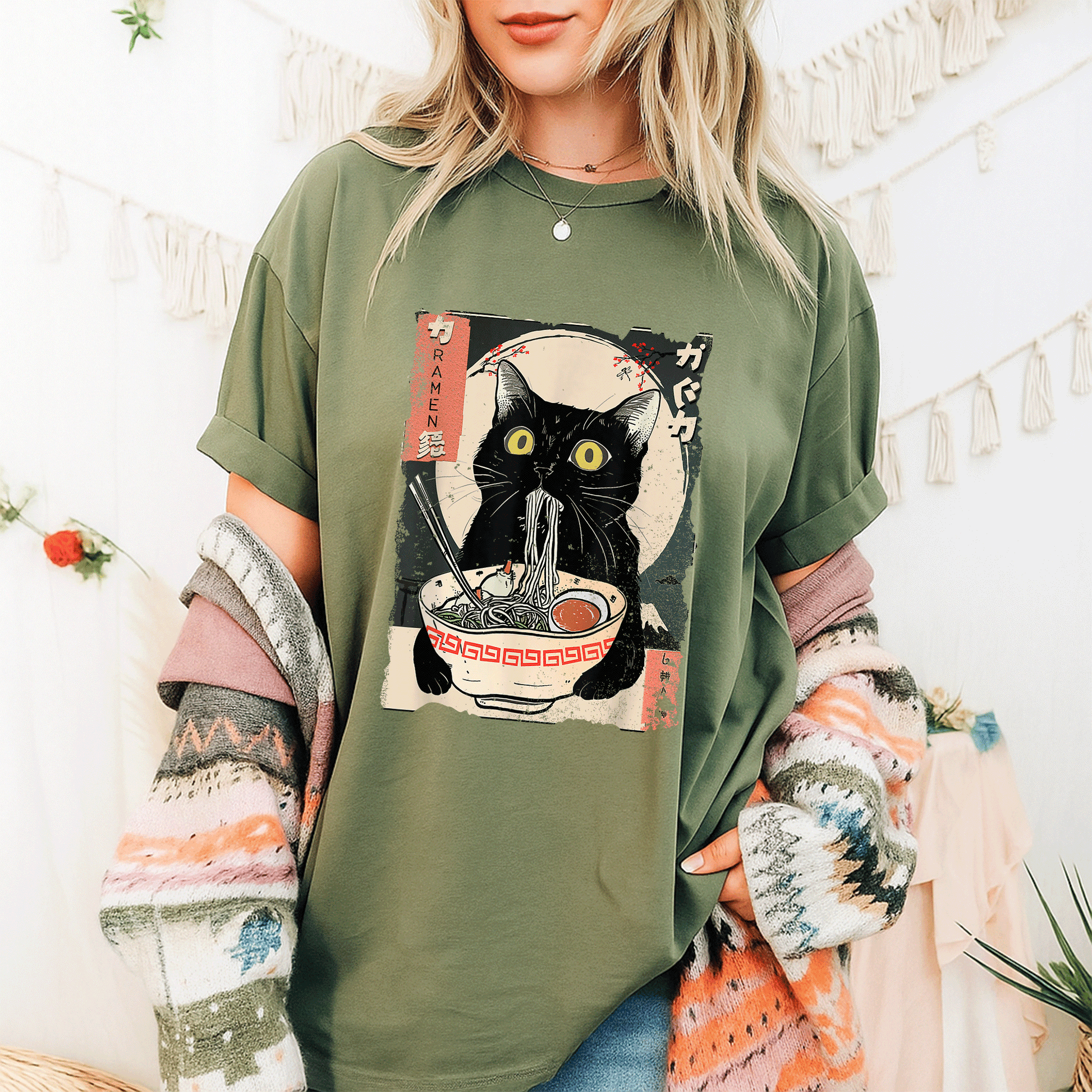 Cute Kawaii Cat Eating Ramen Noodles T-Shirt for Girls and Teens - Funny Anime Gift for Cat Lovers and Anime Fans - 9