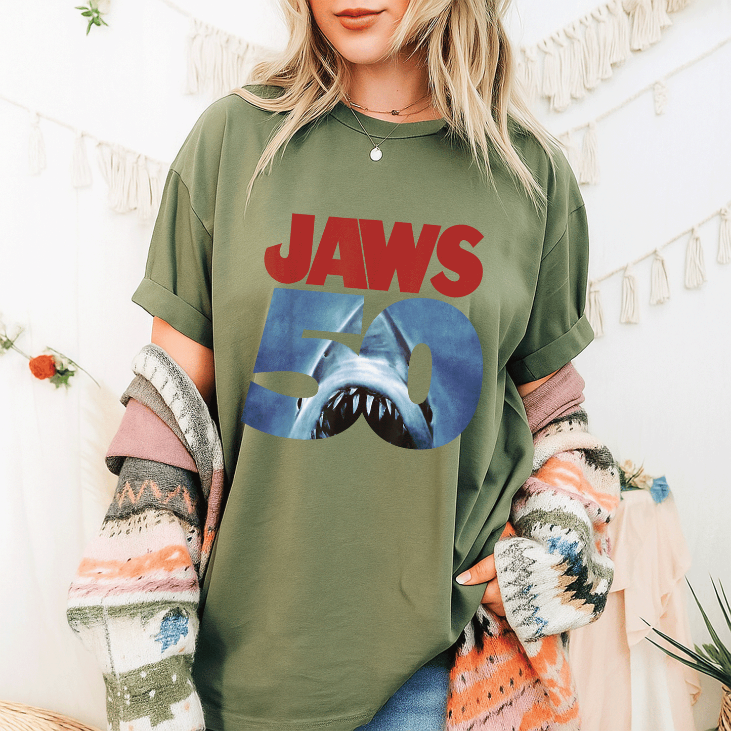 Celebrate 50 Years of Jaws with Our Exclusive Front and Back T-Shirt Featuring Iconic Anniversary Logo Design - 9