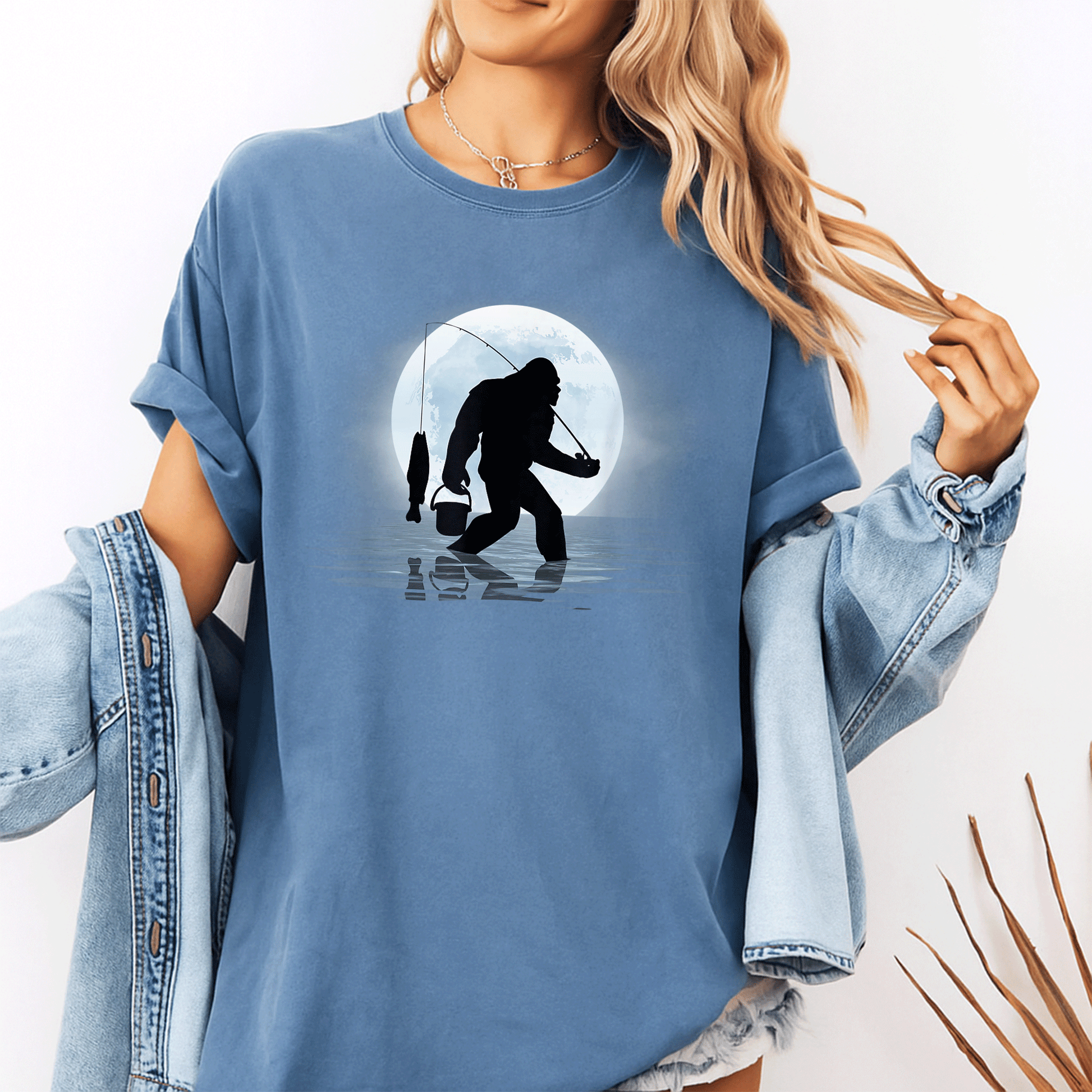 Funny Bigfoot Fishing Shirt for Night Fishing Lovers, Featuring Sasquatch and Fish - Great Gift for Anglers and Nature Fans! - 10
