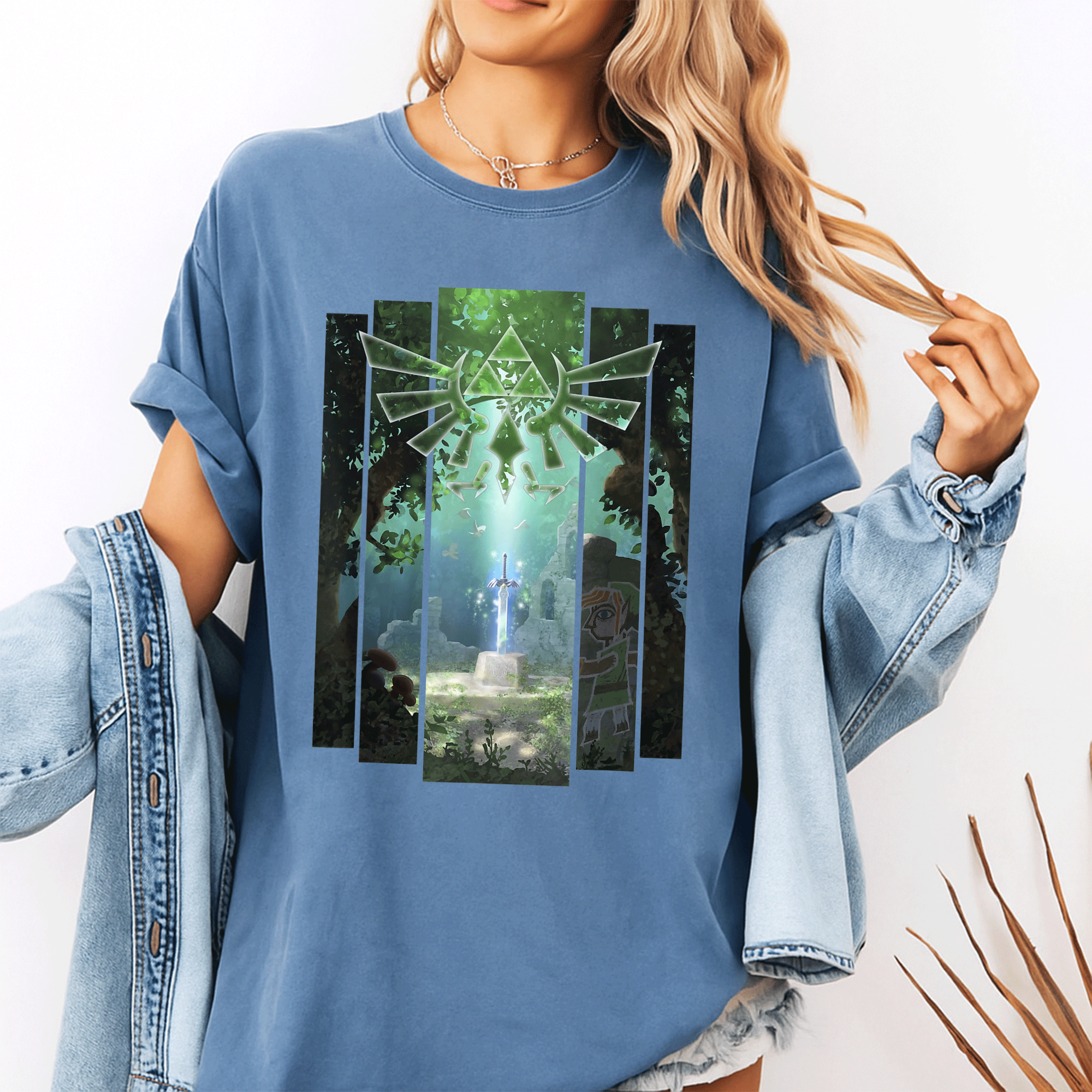 Enchanting Nintendo Zelda Master Sword Lost Woods Artwork T-Shirt for Fans, Featuring Stunning Minimalist Design and Vivid Colors - 10