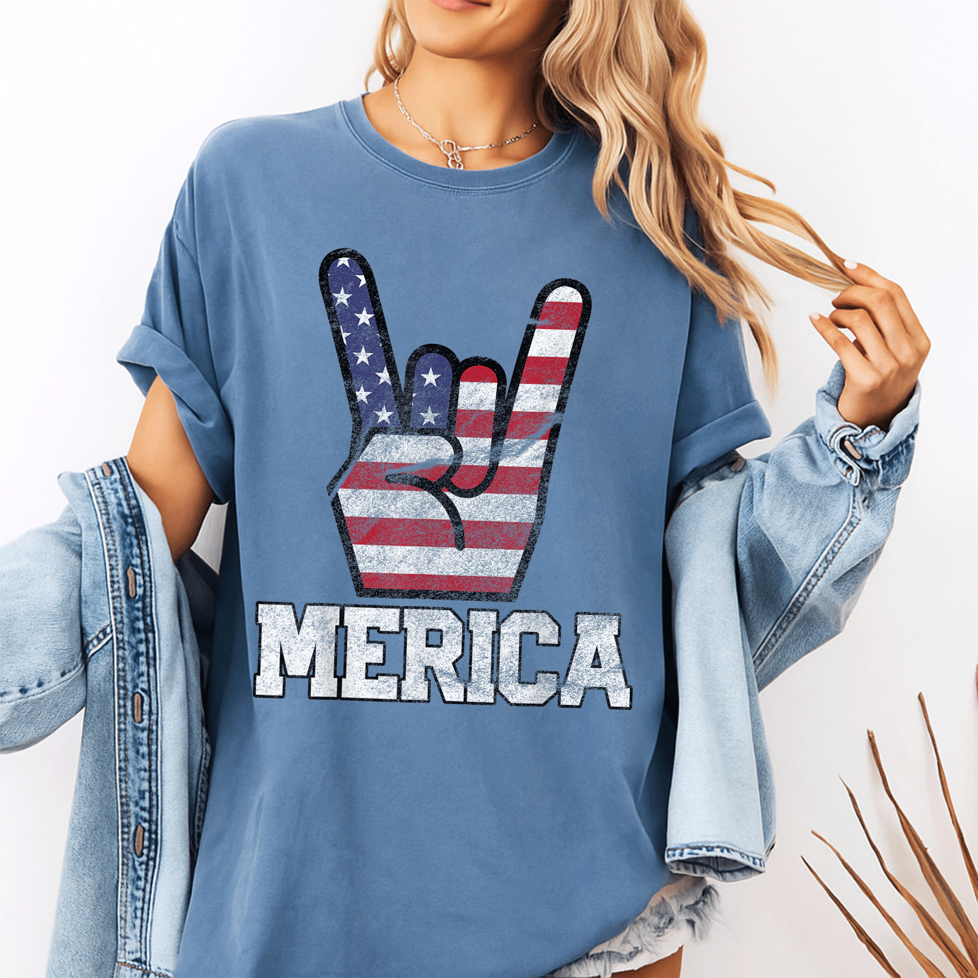 Vintage Merica Rock Sign T-Shirt for 4th of July Celebration with Retro American Flag Design - Perfect USA Pride Apparel - 10