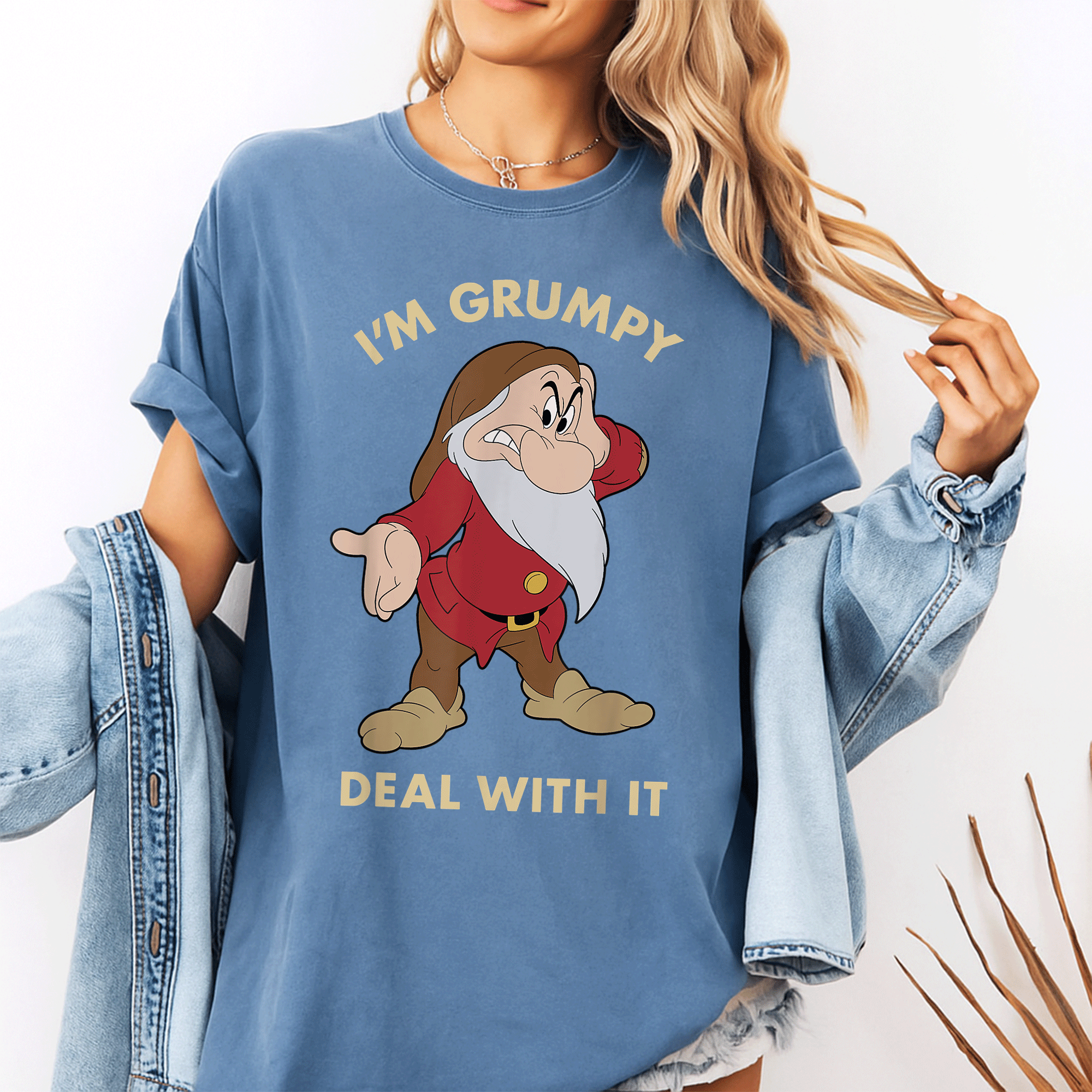Disney Snow White Grumpy Character Portrait T-Shirt for Fans, Fun Graphic Tee Featuring Grumpy with Deal With It Attitude - 10