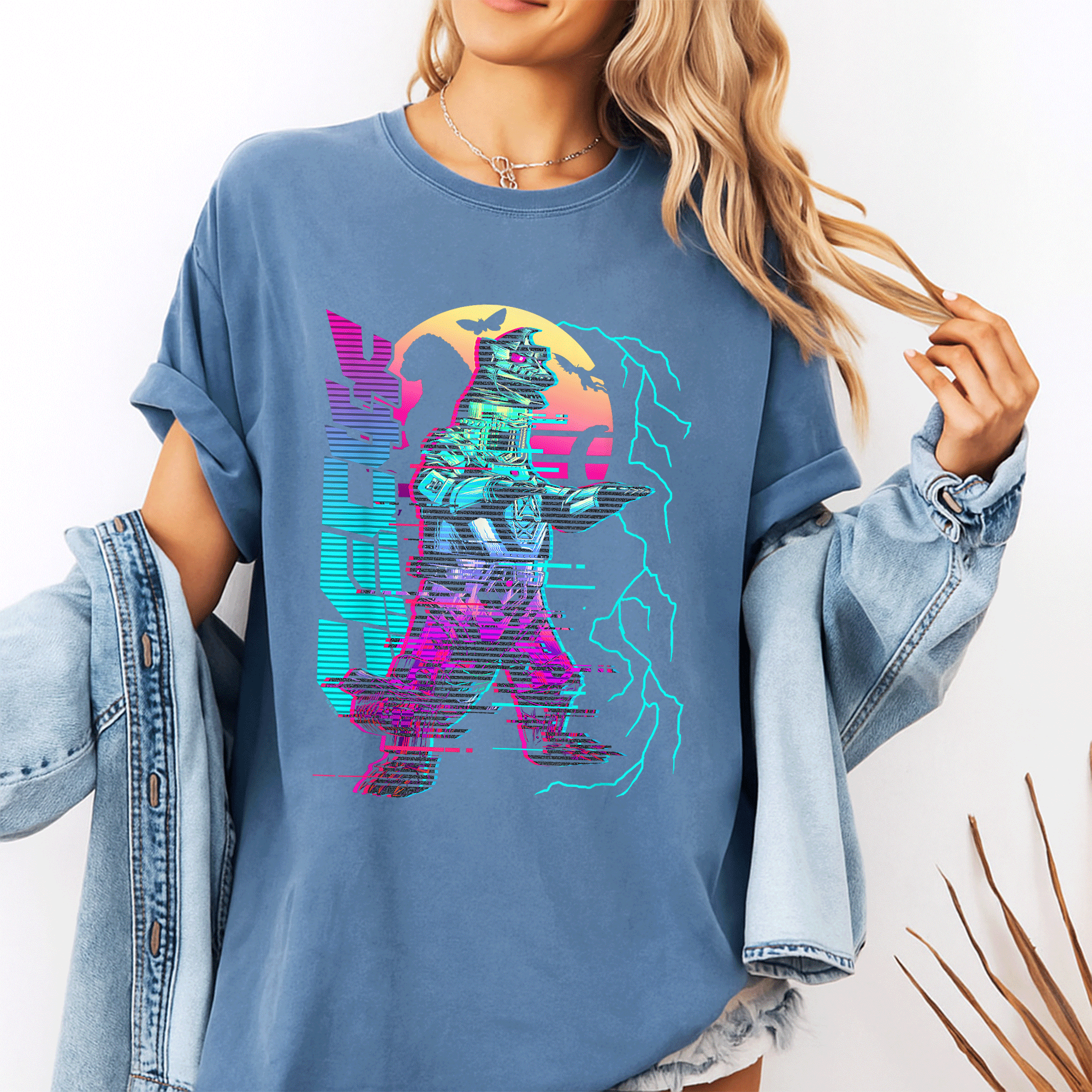 Vibrant Godzilla Neon Mechagodzilla T-Shirt: Bold Design Perfect for Fans of Iconic Kaiju and Anime Culture - 10