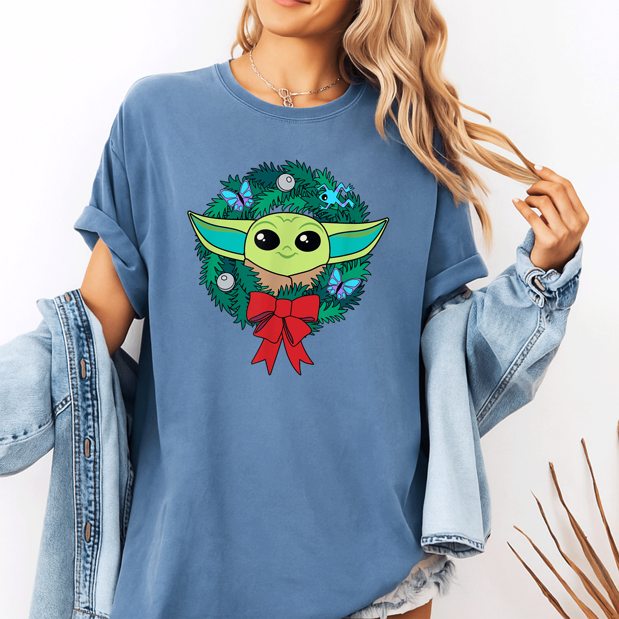 Celebrate the Holidays in Style with Amazon Essentials The Mandalorian Grogu Holiday Christmas Wreath T-Shirt for Fans - 10