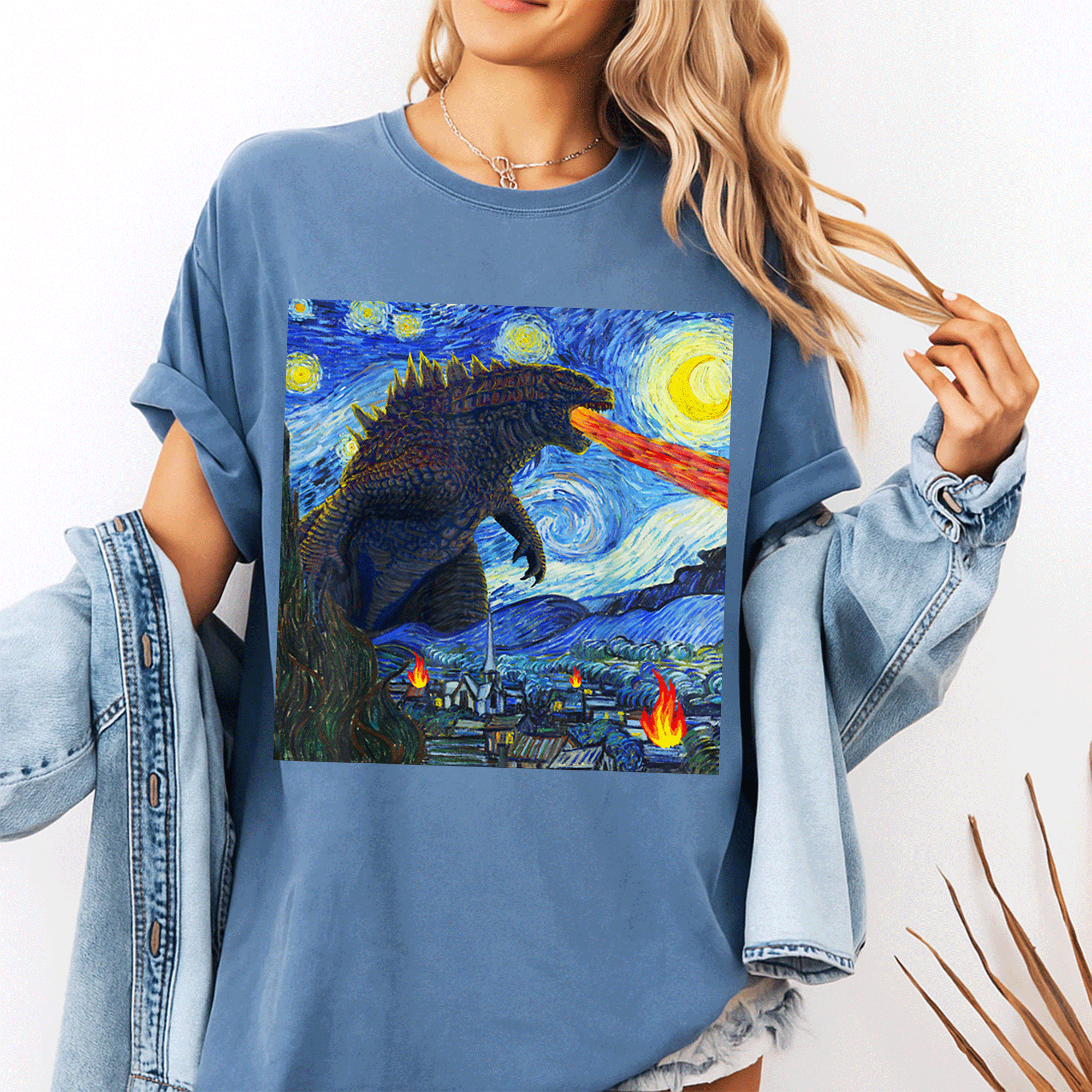 Vintage Japanese Kaiju Monster T-Shirt Featuring Van Gogh's Starry Night Artwork - Unique and Eye-Catching Design! - 10