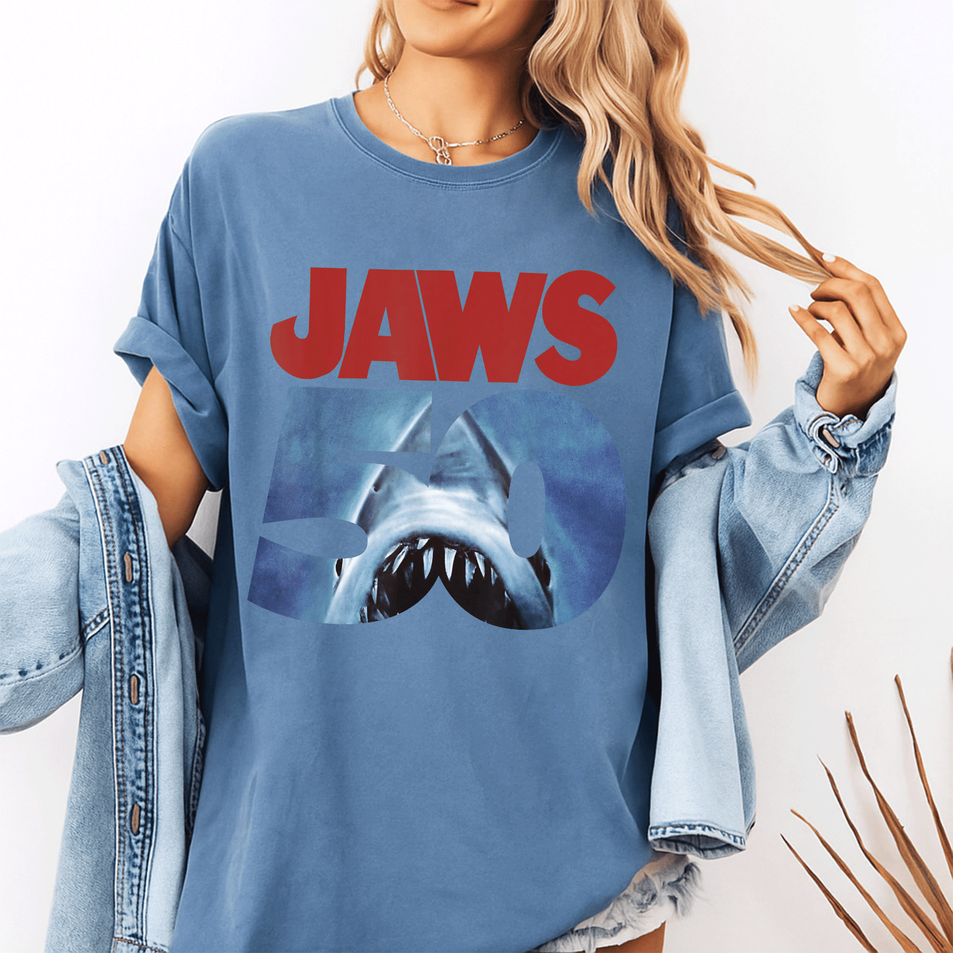 Celebrate 50 Years of Jaws with Our Exclusive Front and Back T-Shirt Featuring Iconic Anniversary Logo Design - 10