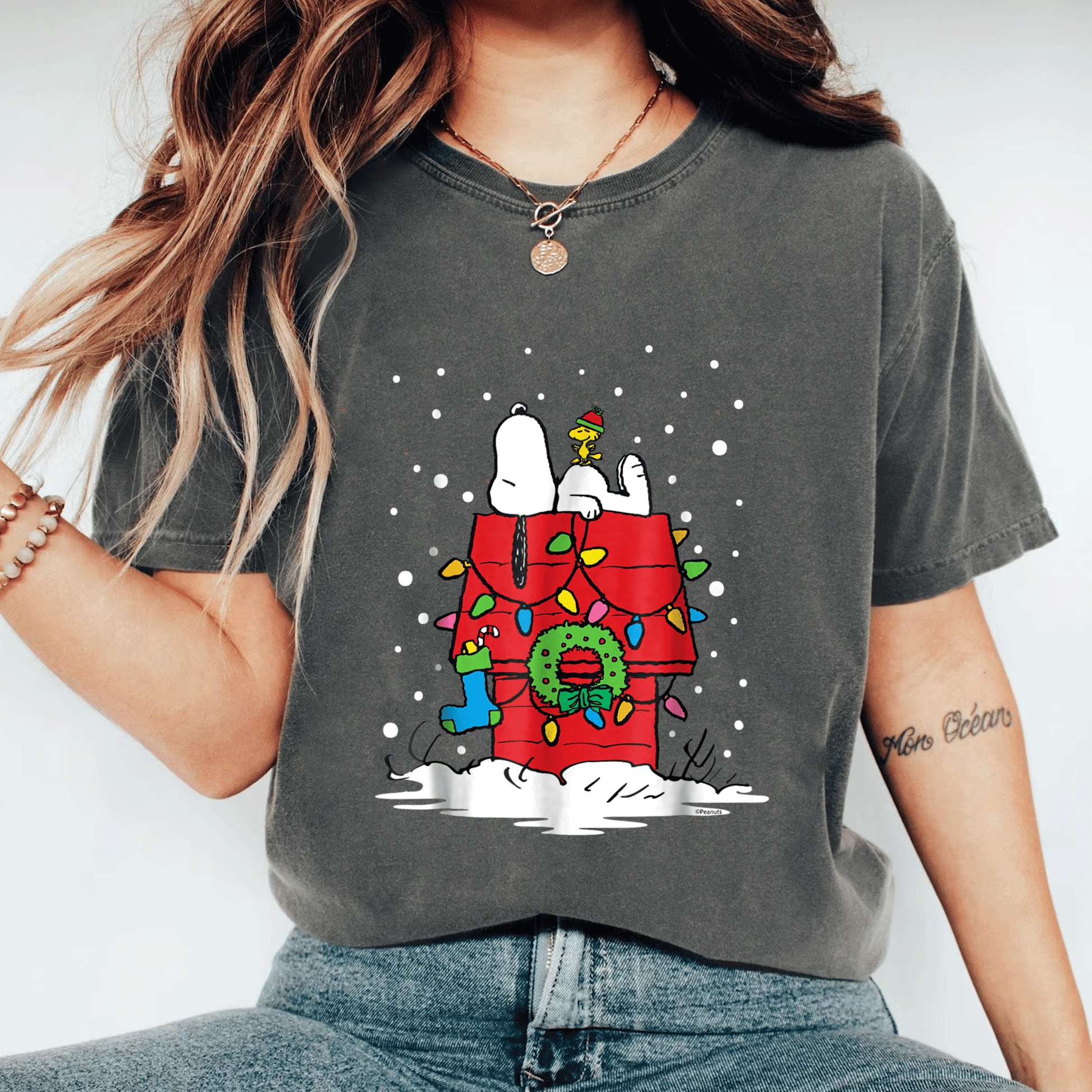 Light Up Peanuts Snoopy and Woodstock Stocking T-shirt – Perfect Holiday Tee for Fun and Festive Celebrations - 11