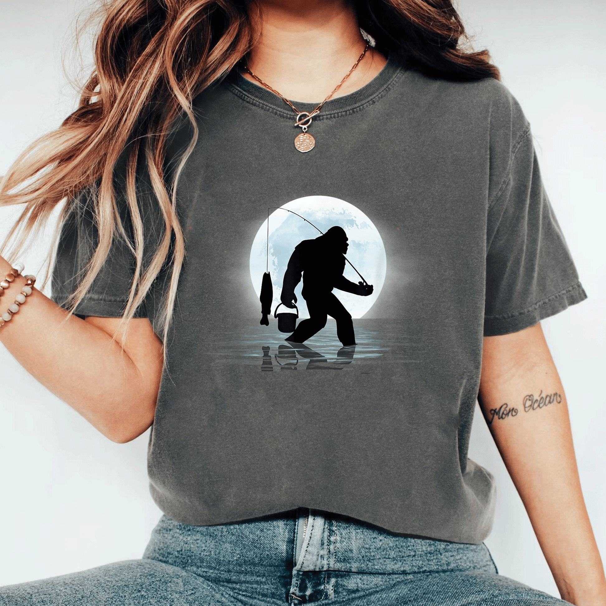Funny Bigfoot Fishing Shirt for Night Fishing Lovers, Featuring Sasquatch and Fish - Great Gift for Anglers and Nature Fans! - 11