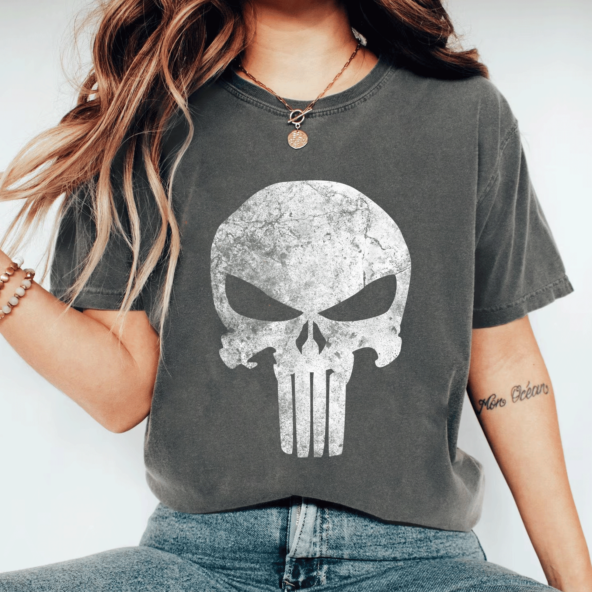 Stylish Marvel Punisher Skull Symbol Distressed Graphic T-Shirt for Fans - Perfect Gift for Comic Book Lovers and Casual Wear - 11