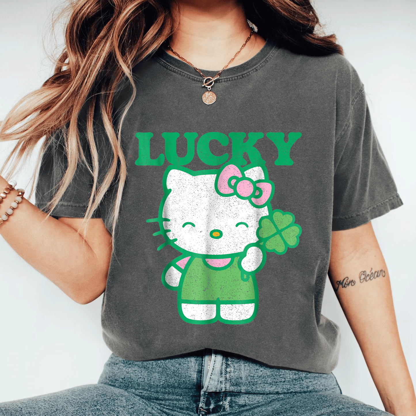 Cute Hello Kitty Lucky Clover Tee Shirt - Adorable Design Featuring Lucky Clover and Hello Kitty for Kids and Adults - 11