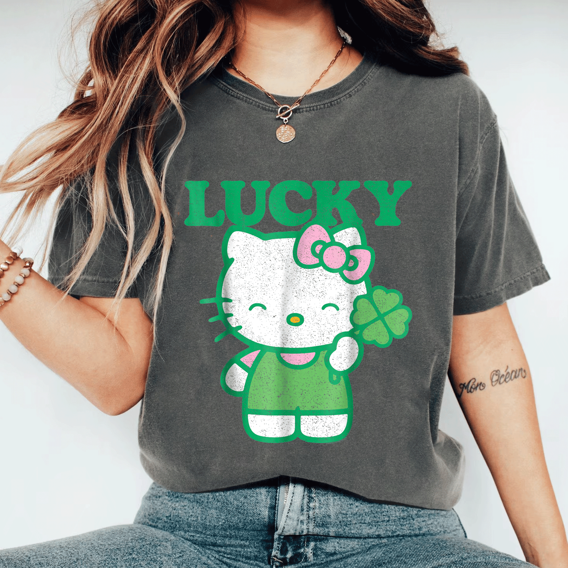 Cute Hello Kitty Lucky Clover Tee Shirt - Adorable Design Featuring Lucky Clover and Hello Kitty for Kids and Adults - 11