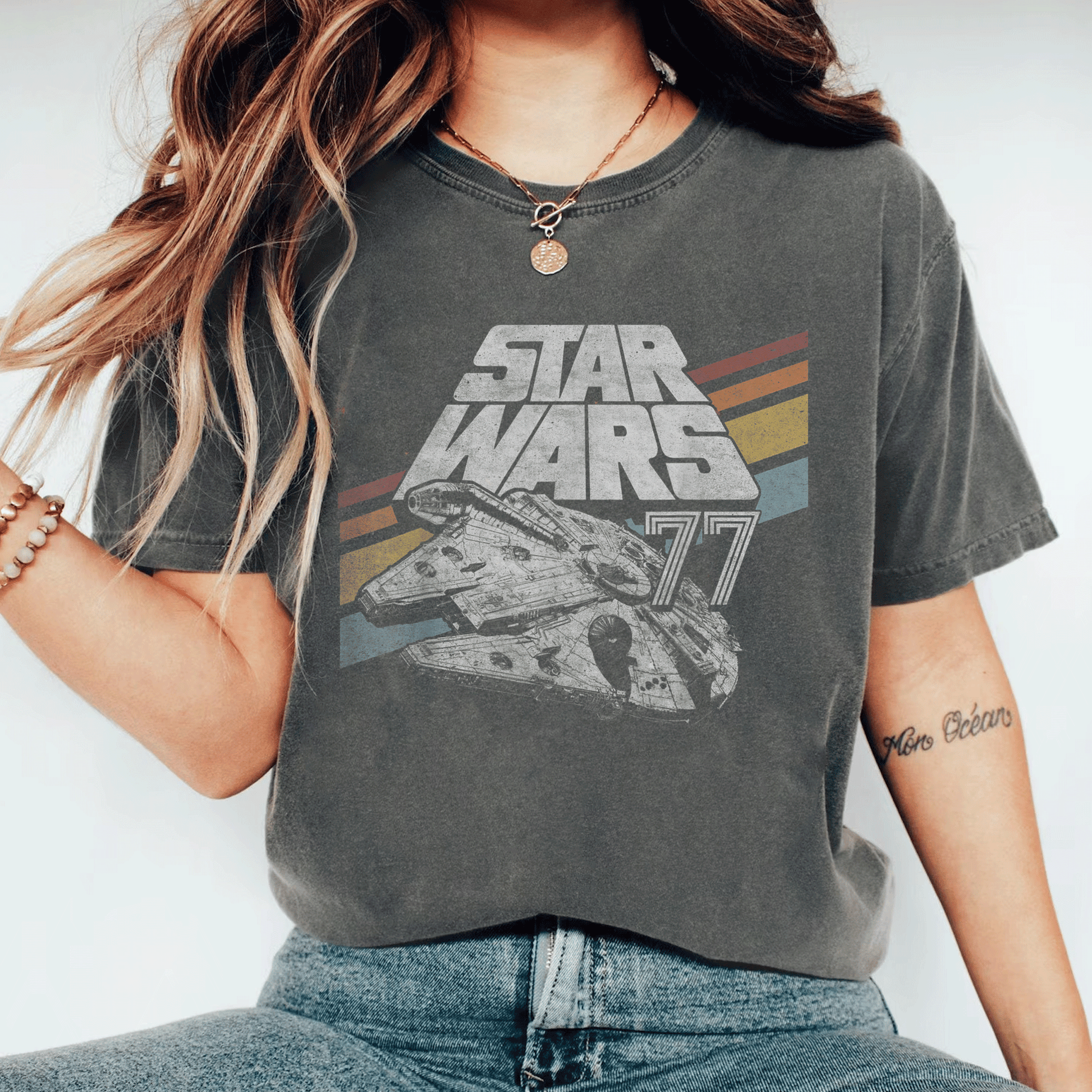 Retro Star Wars Millennium Falcon 77 T-Shirt with Stylish Diagonal Stripes – Perfect for Fans and Collectors! - 11