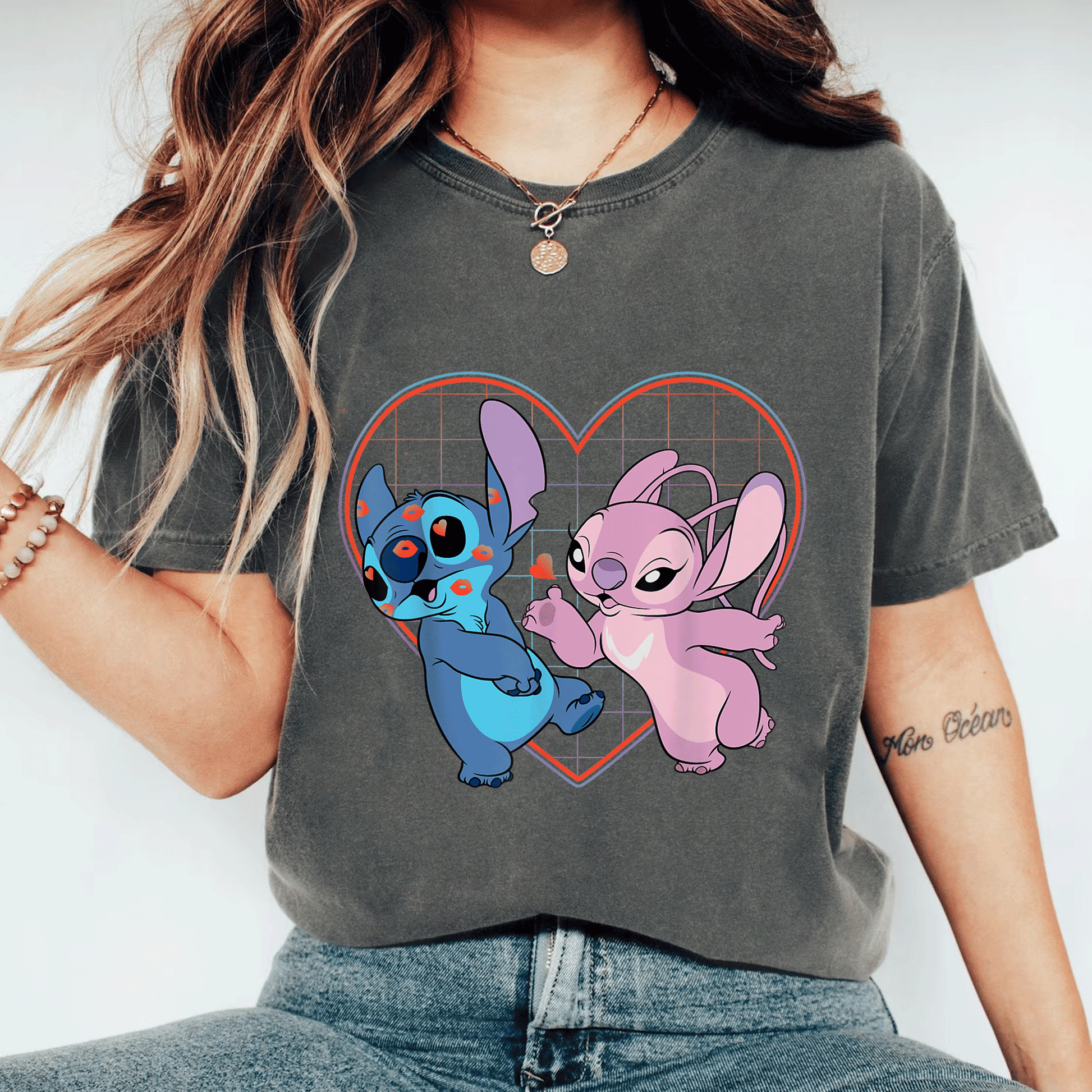 Cute Disney Lilo and Stitch Angel Heart Kisses T-Shirt for Fans of Cozy Style and Adorable Character Designs - 11