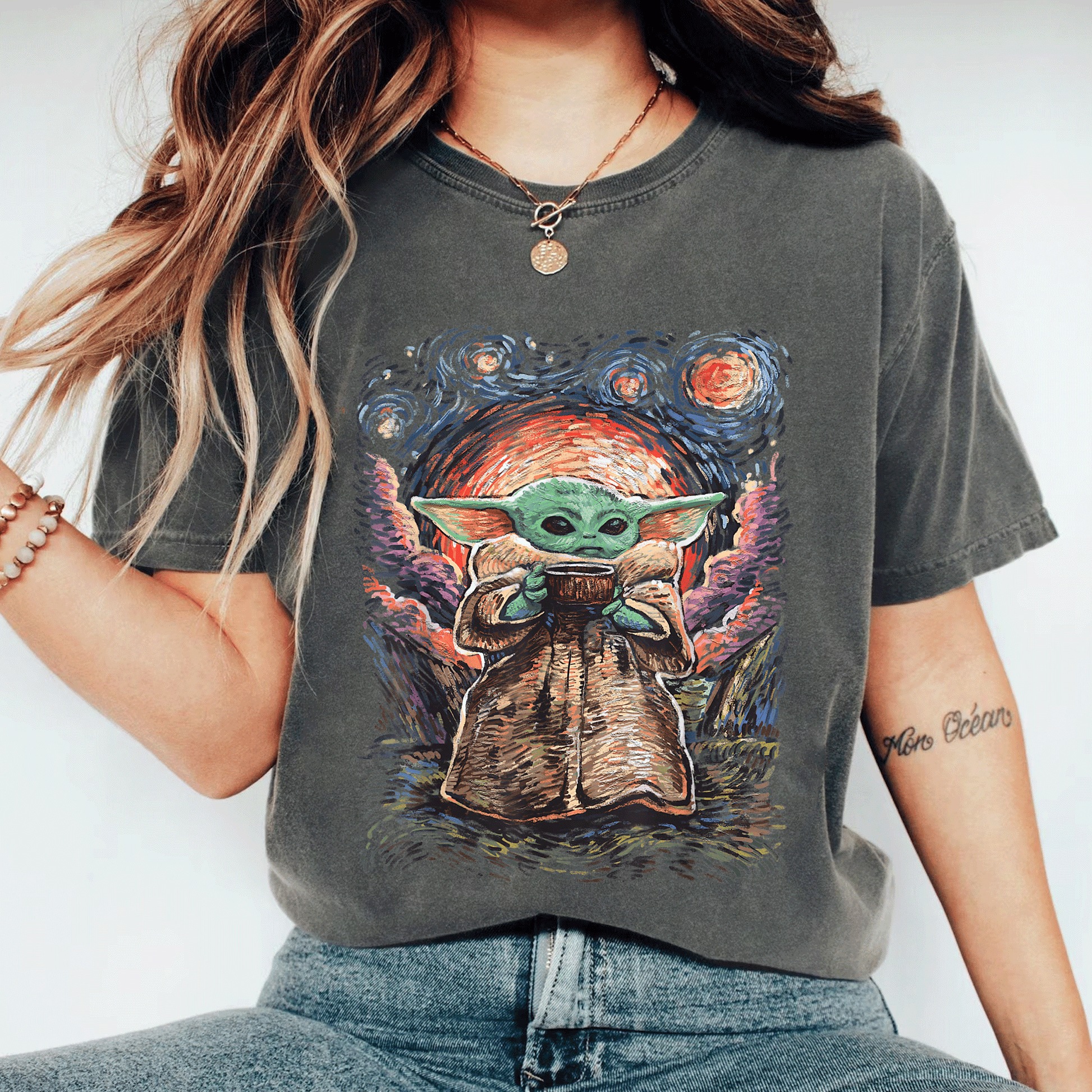 Star Wars The Child Starry Night T-Shirt featuring adorable Baby Yoda design for fans of all ages in soft, comfortable fabric - 11