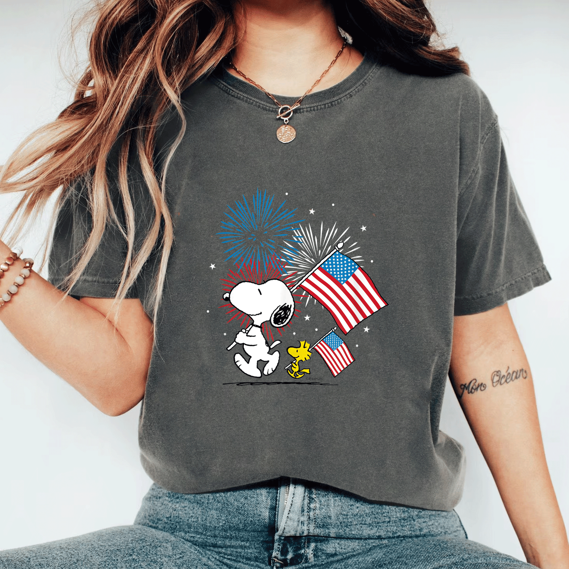 Snoopy and Woodstock American Flags T-Shirt - Fun Peanuts Graphic Tee for Casual Style and Fans of All Ages - 11