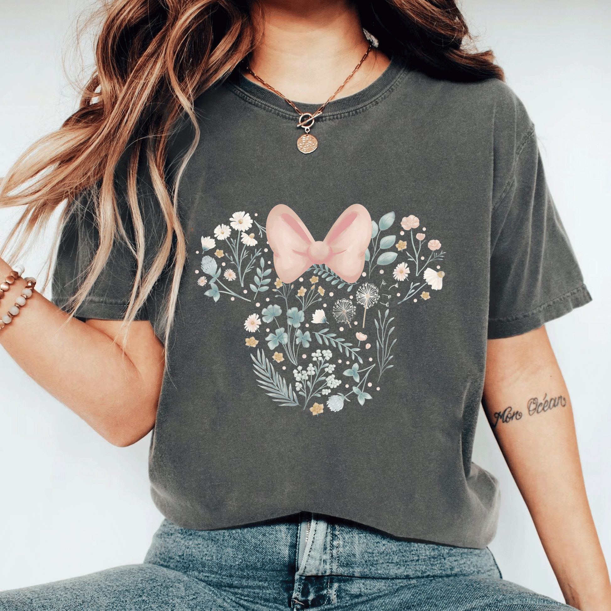 Disney Minnie Mouse Icon Spring Flowers T-Shirt for Women, Cute Floral Graphic Tee, Perfect for Casual Outings and Gifts - 11