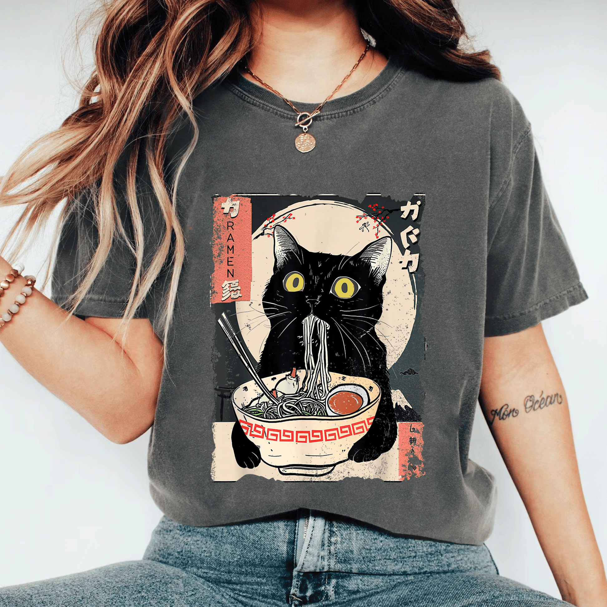 Cute Kawaii Cat Eating Ramen Noodles T-Shirt for Girls and Teens - Funny Anime Gift for Cat Lovers and Anime Fans - 11