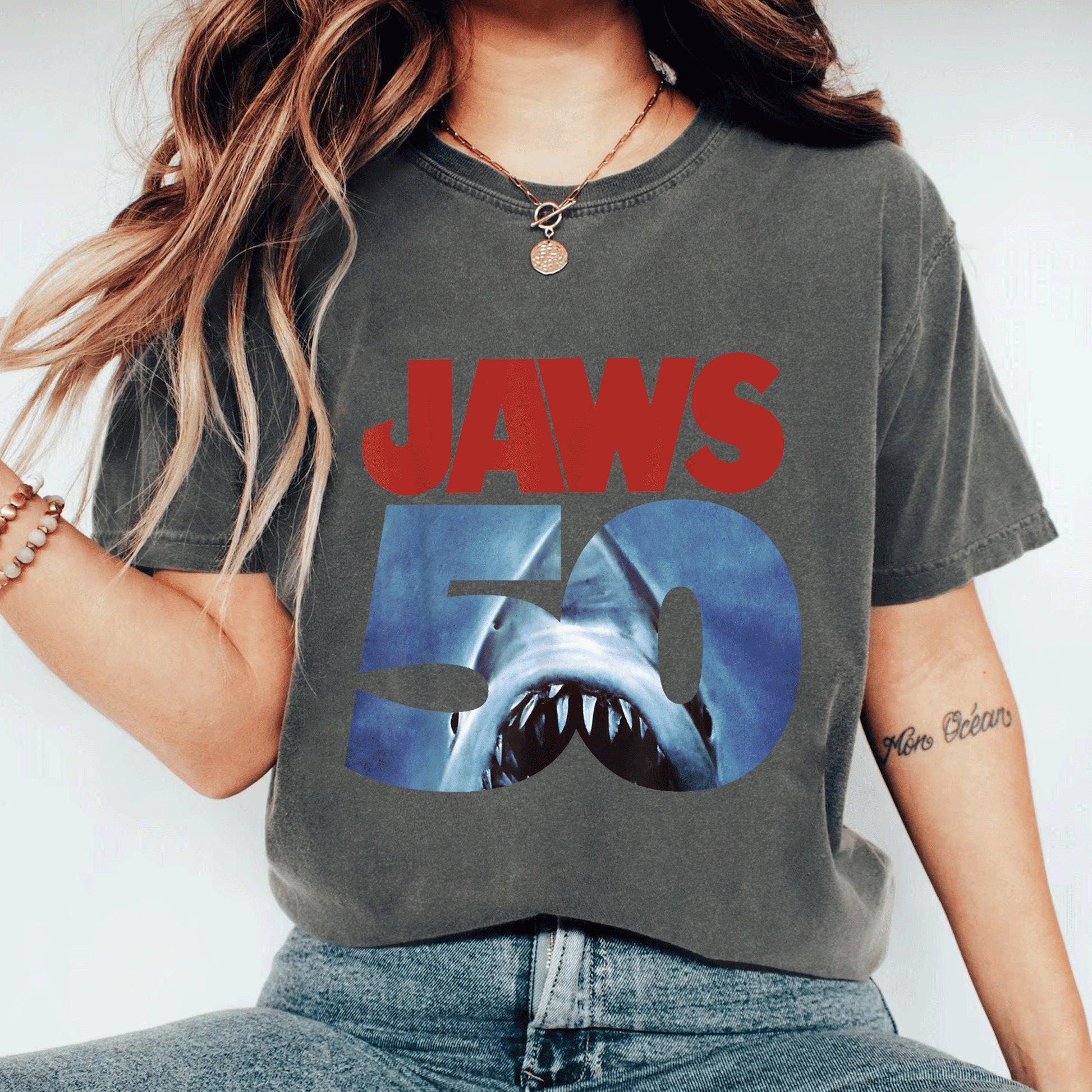 Celebrate 50 Years of Jaws with Our Exclusive Front and Back T-Shirt Featuring Iconic Anniversary Logo Design - 11