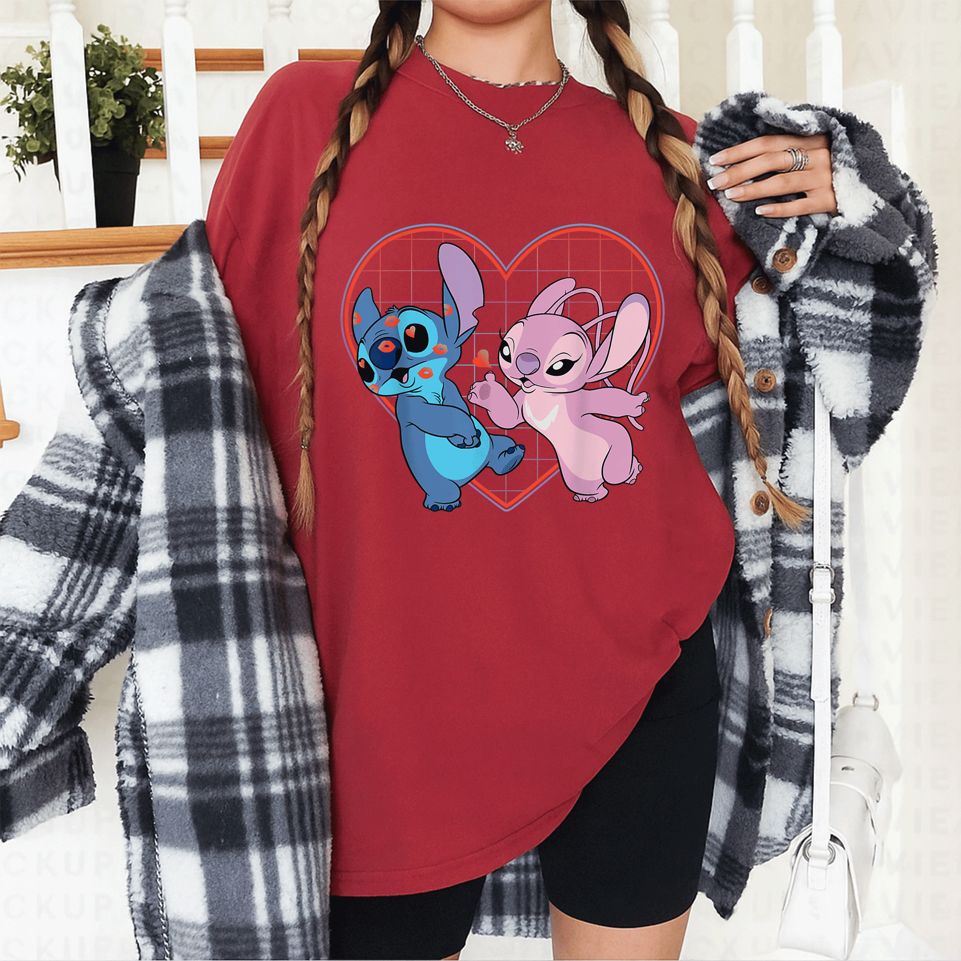 Cute Disney Lilo and Stitch Angel Heart Kisses T-Shirt for Fans of Cozy Style and Adorable Character Designs - 12